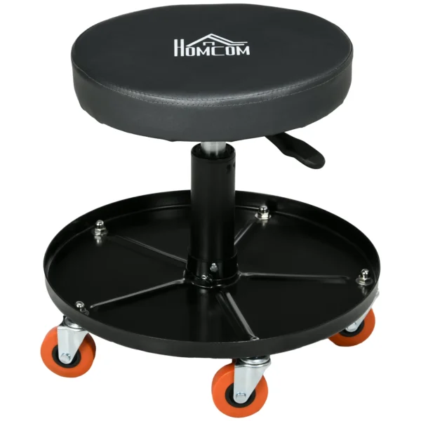 Workshop Stool with Wheels and Tool Holder, Adjustable Height and Swivel, Ø40x25-48cm, Black