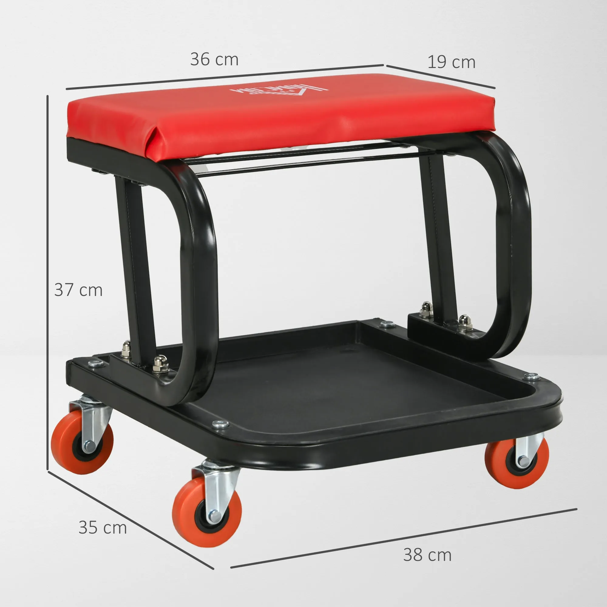 Padded Workshop Stool with Wheels and Tool Tray in Steel and PU, 38x35x37cm, Red - Image 3