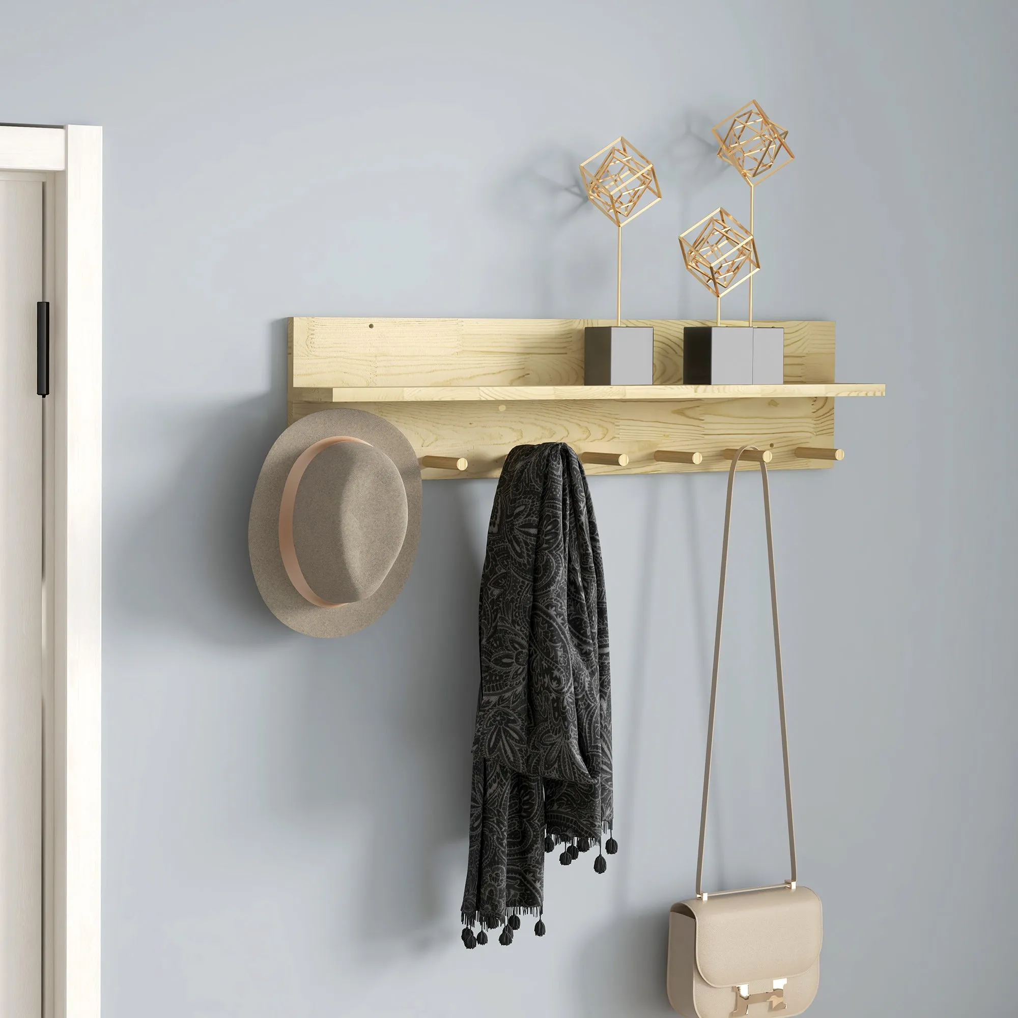 Fir Wood Wall Shelf with 7 Hooks for Entryway and Living Room, 80x12x20 cm - Image 2
