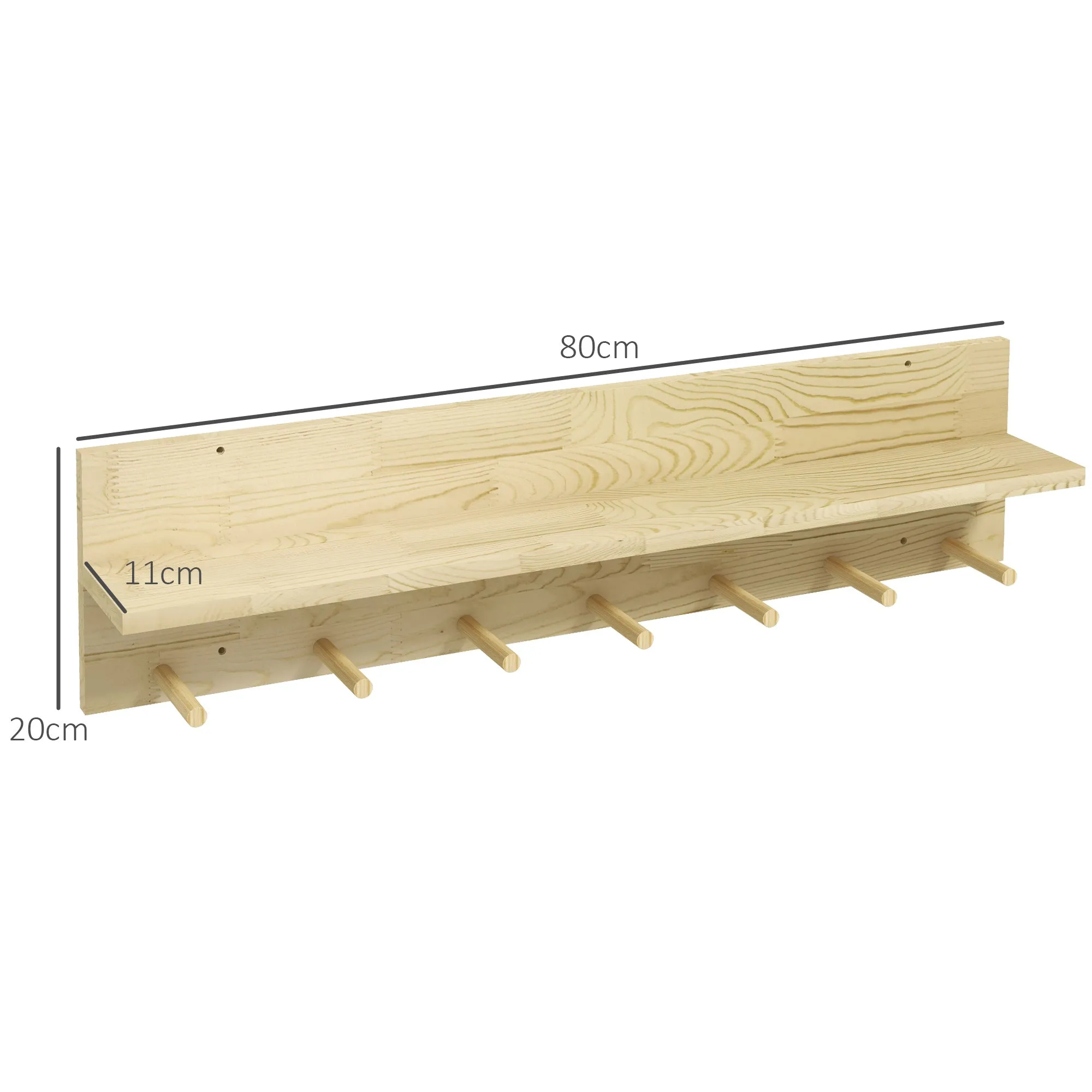 Fir Wood Wall Shelf with 7 Hooks for Entryway and Living Room, 80x12x20 cm - Image 3