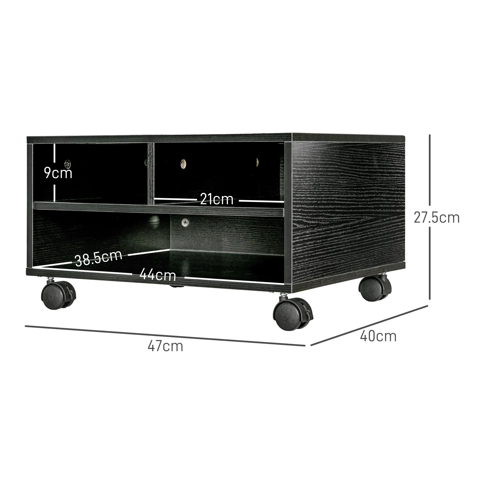 2-Tier Wooden Printer Stand with Wheels for Office and Study, 47x40x22.5cm, Black - Image 2