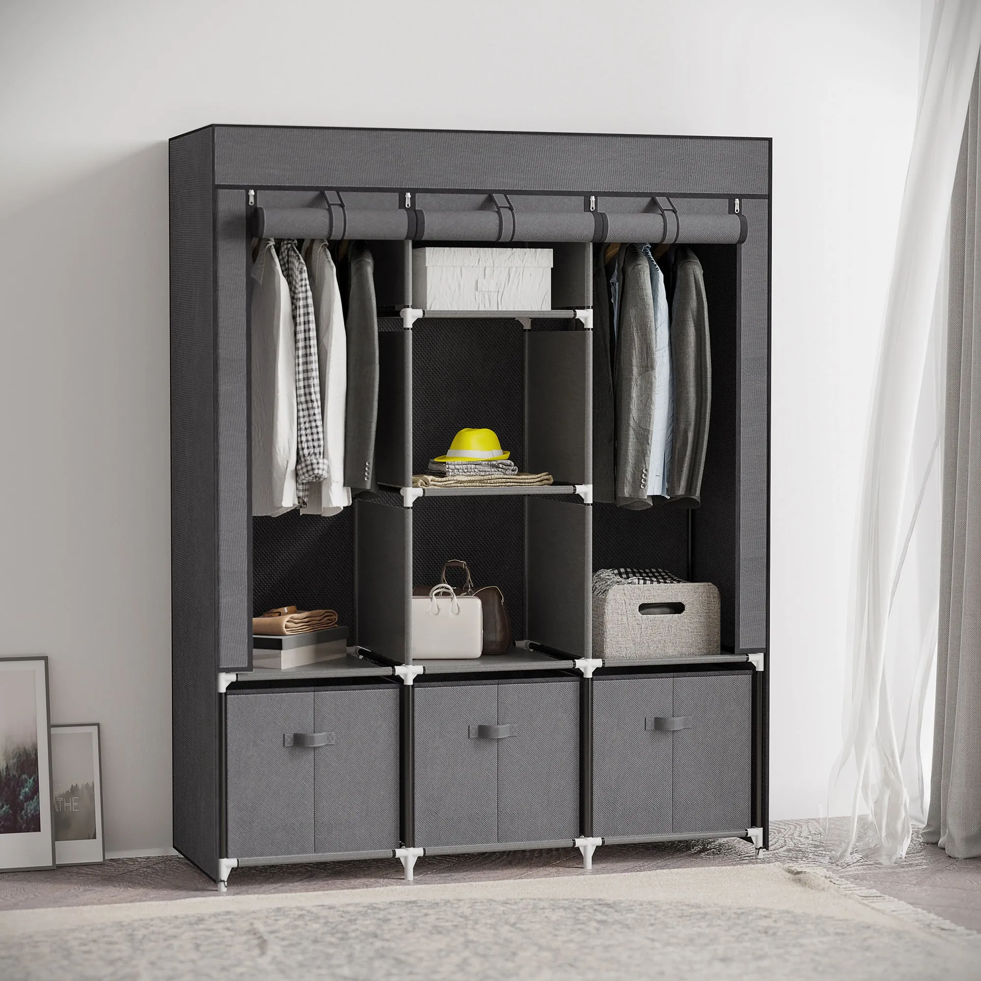 Folding Fabric Wardrobe with Drawers and Roll-Up Doors with Zip, 125x43x162.5cm, Dark Grey - Image 3