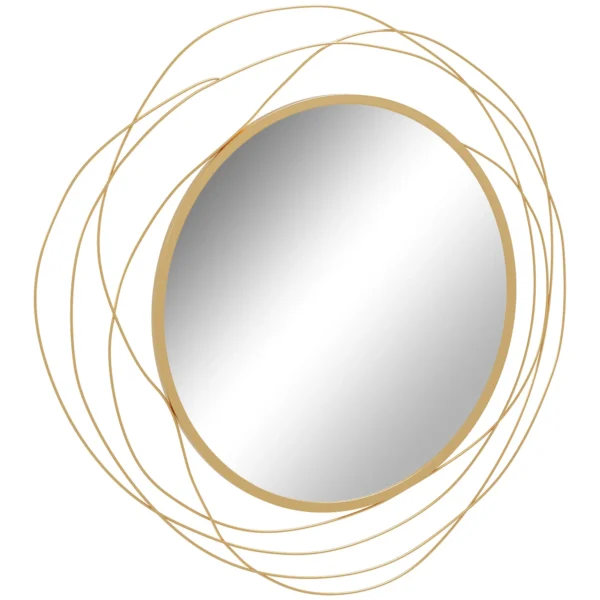 Modern Round Decorative Wall Mirror with Hooks, Glass and Metal, Ø65x1 cm, Gold