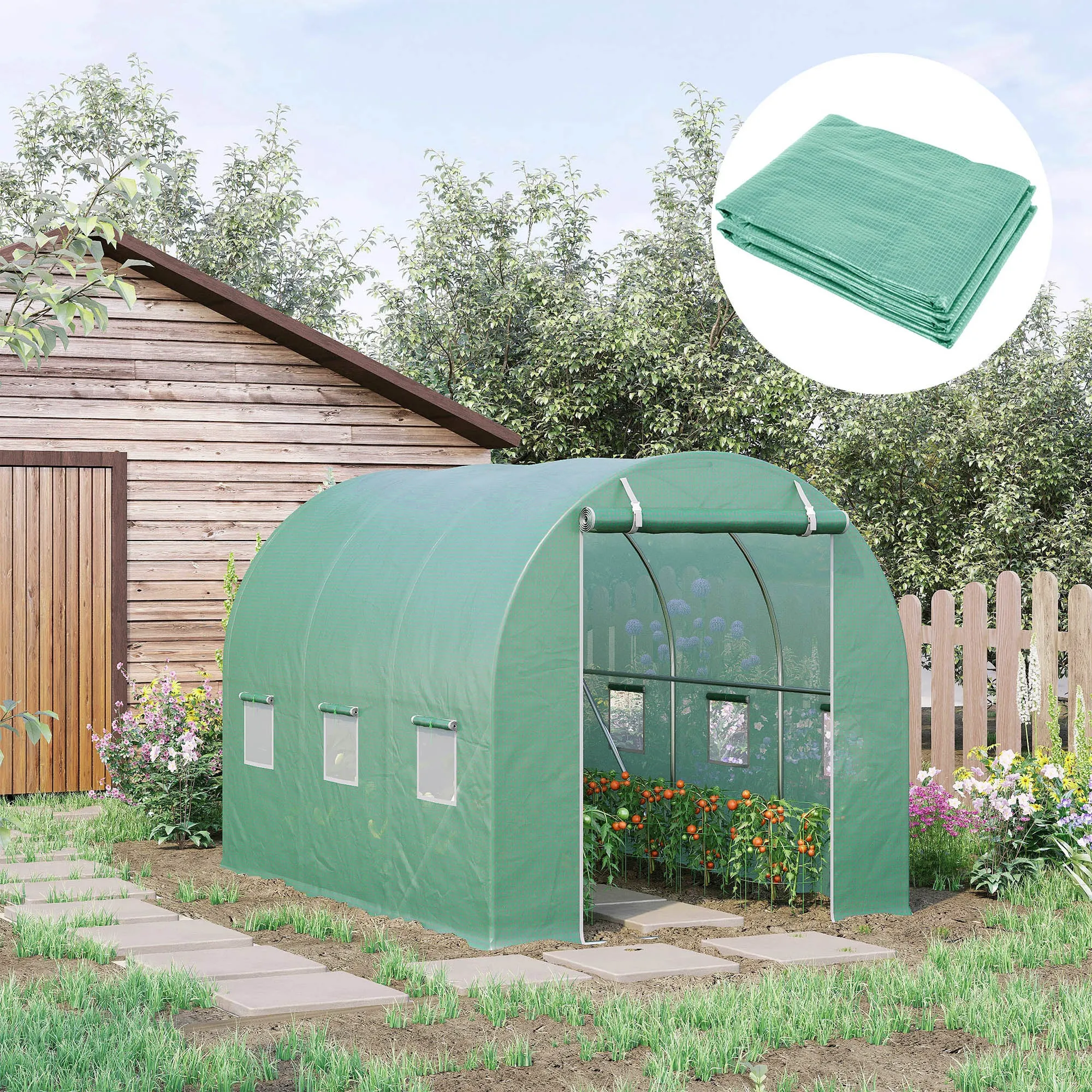 PE Greenhouse Cover with 6 Windows, Roll-Up Door and Buried Edges, 3x2x2 m, Green - Image 2
