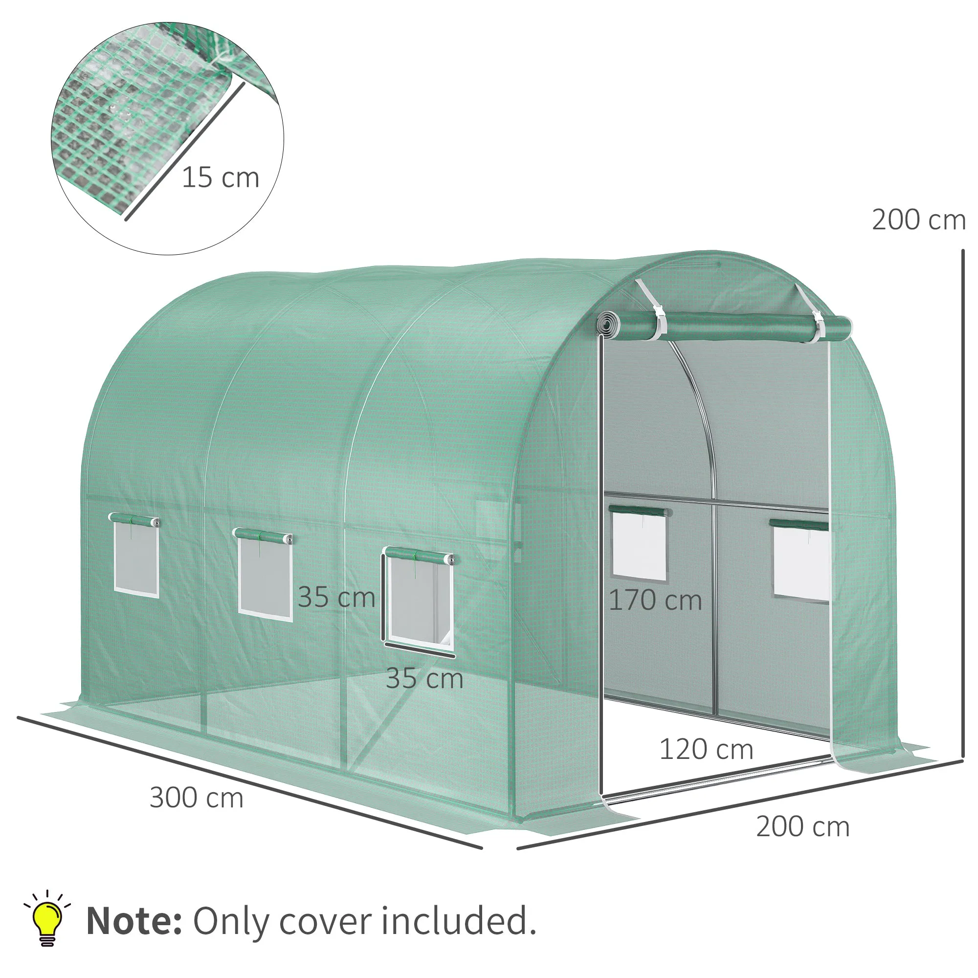 PE Greenhouse Cover with 6 Windows, Roll-Up Door and Buried Edges, 3x2x2 m, Green - Image 3