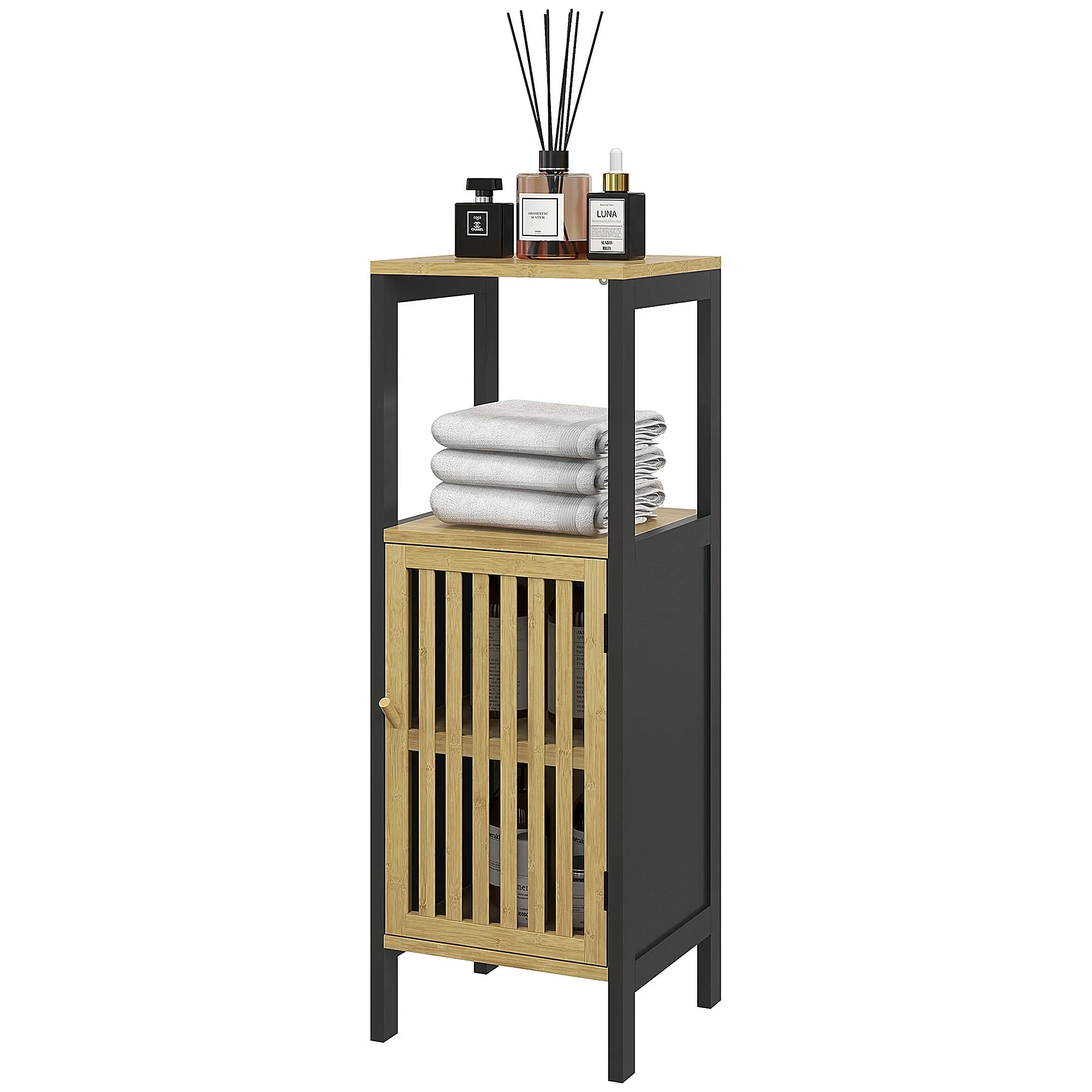 Bathroom Cabinet with Open Shelf and Cabinet, in MDF and Bamboo, 32x30x90.5 cm, Black and Wood Color