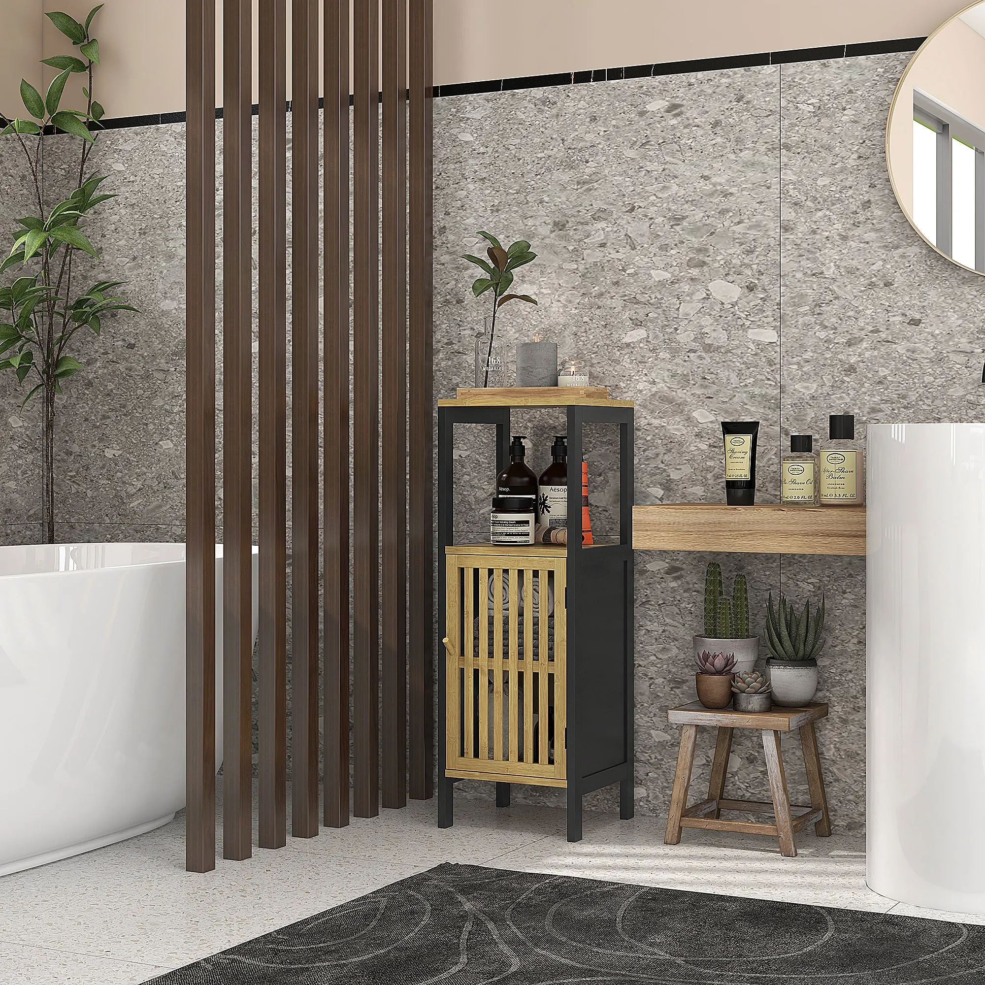 Bathroom Cabinet with Open Shelf and Cabinet, in MDF and Bamboo, 32x30x90.5 cm, Black and Wood Color - Image 2