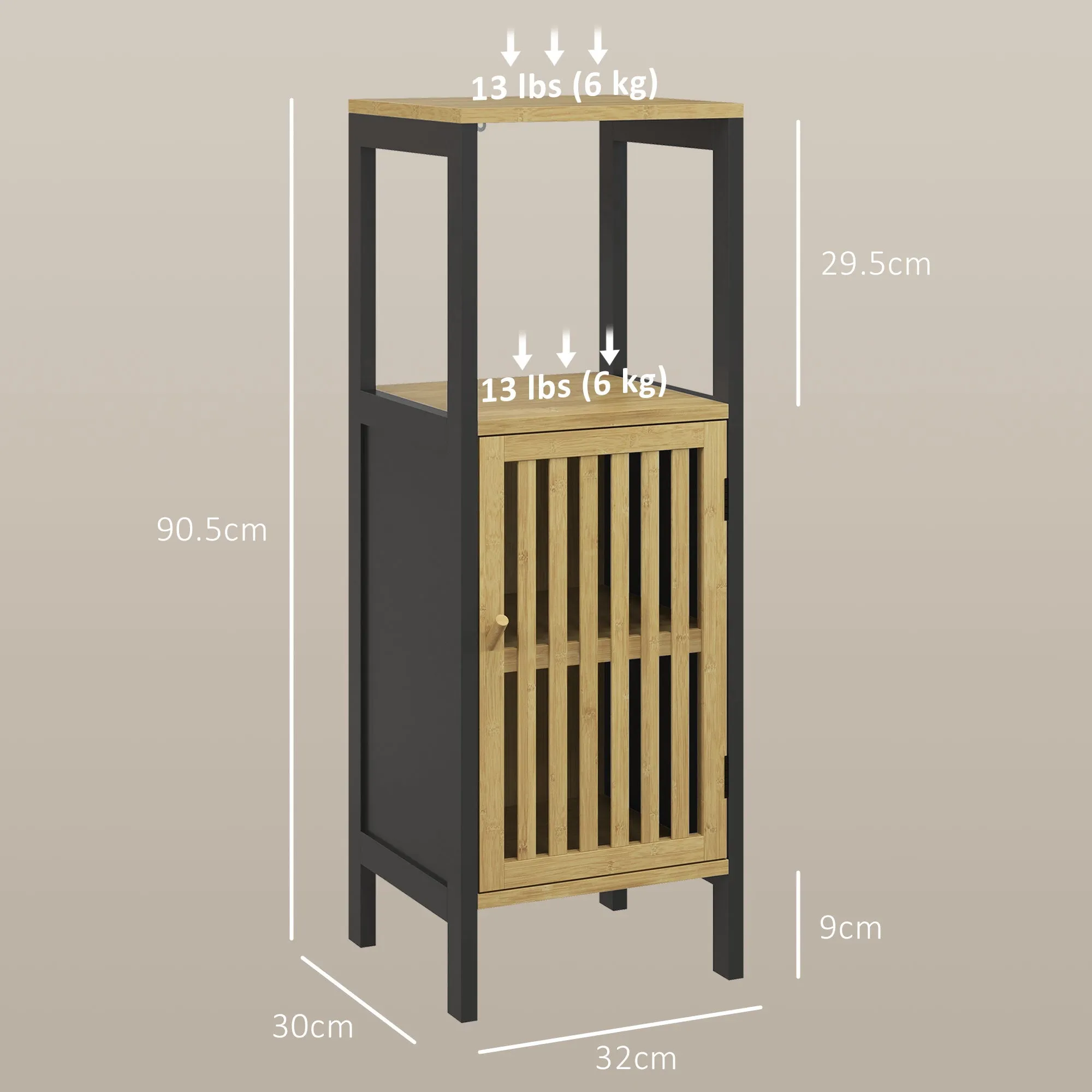 Bathroom Cabinet with Open Shelf and Cabinet, in MDF and Bamboo, 32x30x90.5 cm, Black and Wood Color - Image 3