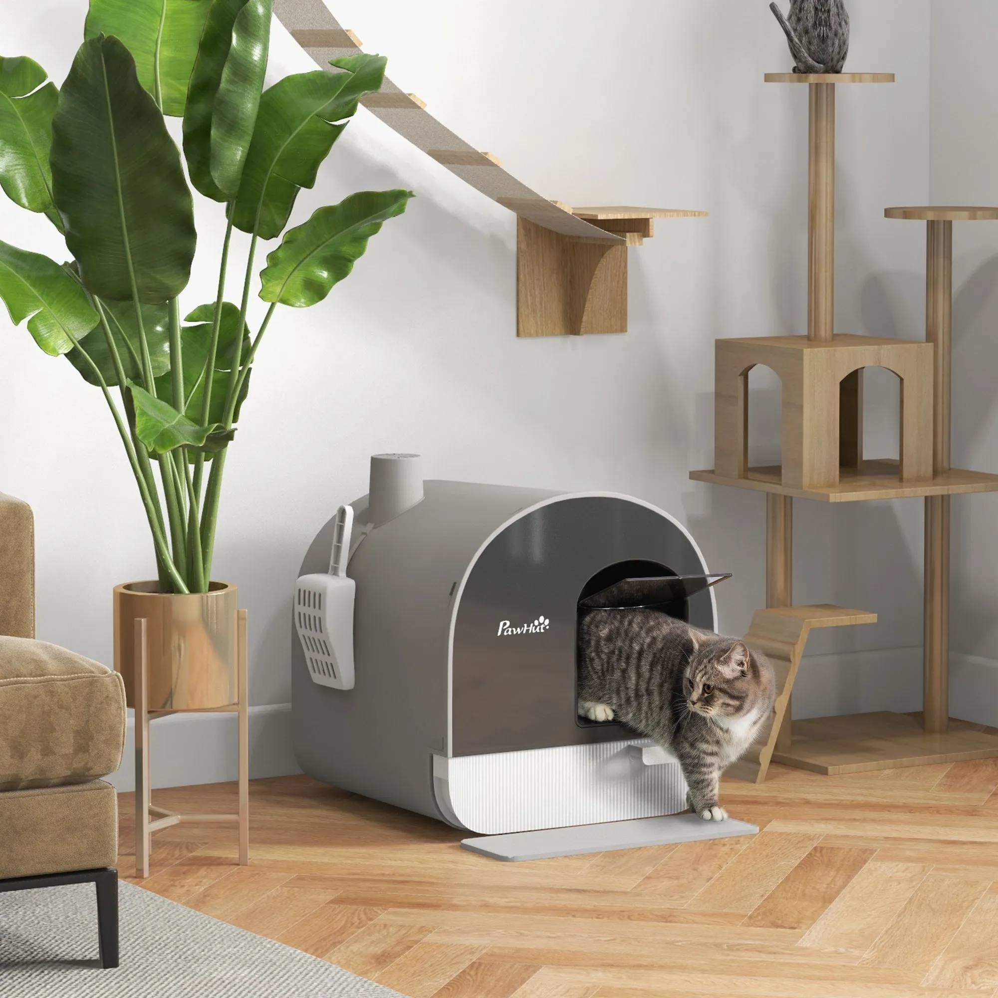 Closed Cat Litter Box with Filters, Scoop and Tray, PP Structure, 43x44x47cm, Grey - Image 2