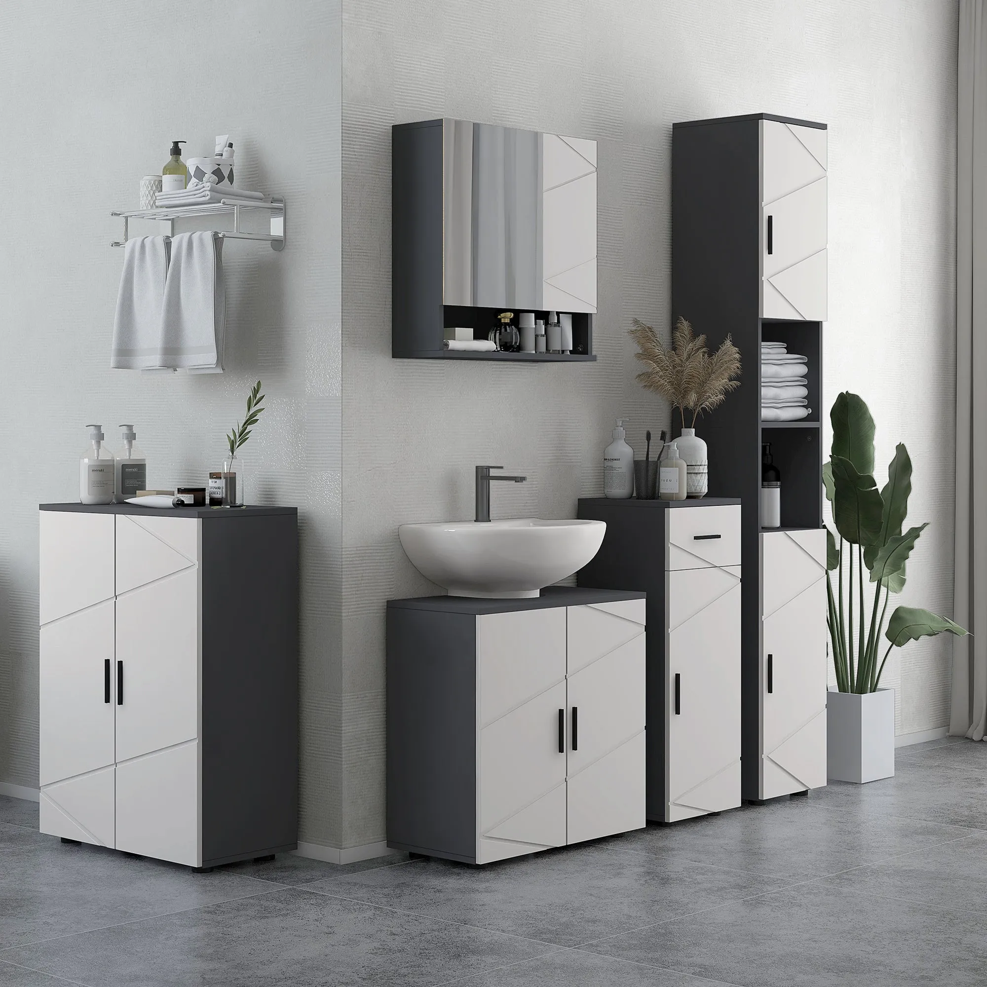 Bathroom Mirror Cabinet with 2 Doors and Adjustable Wooden Shelves, 55x17x55cm, Grey - Image 2