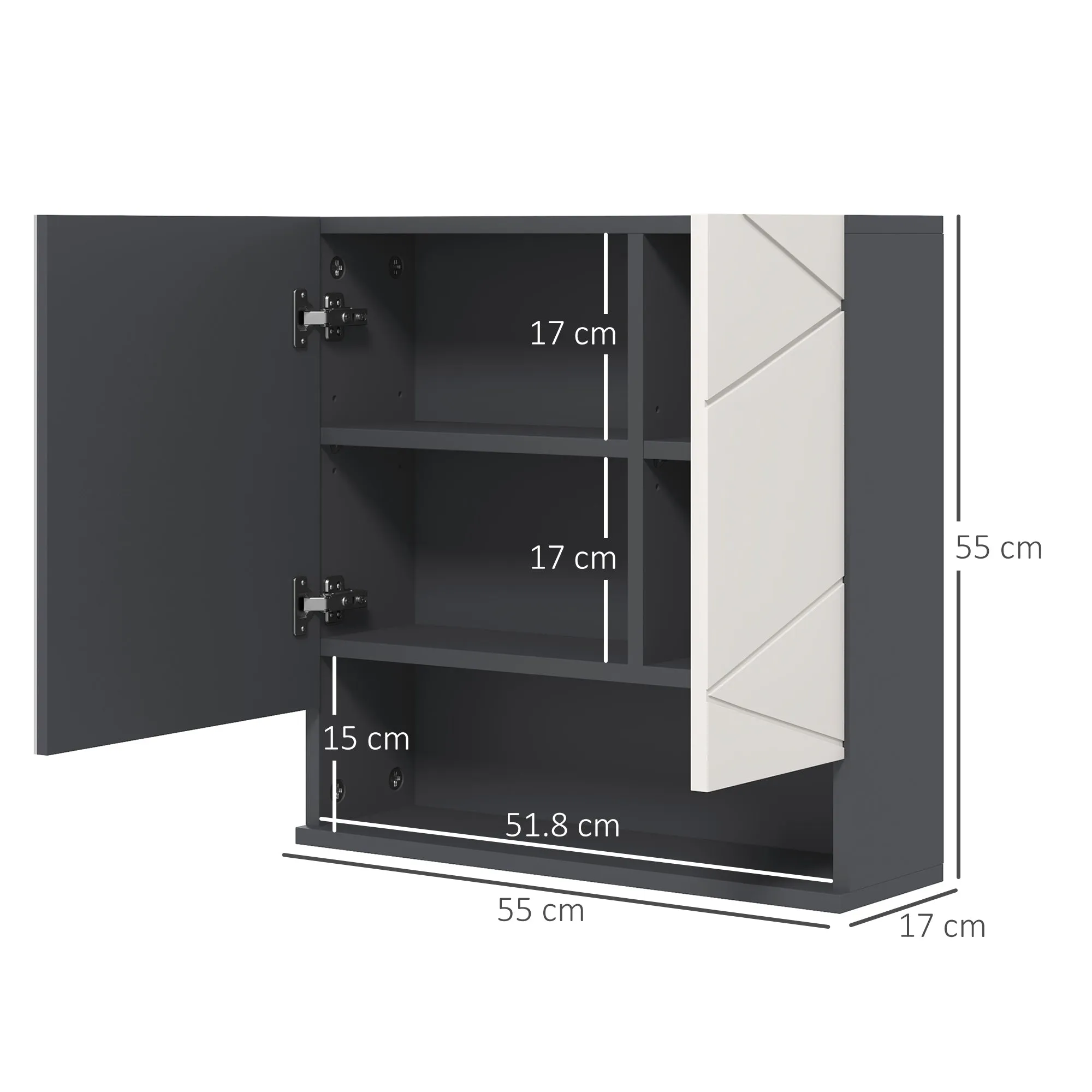 Bathroom Mirror Cabinet with 2 Doors and Adjustable Wooden Shelves, 55x17x55cm, Grey - Image 3