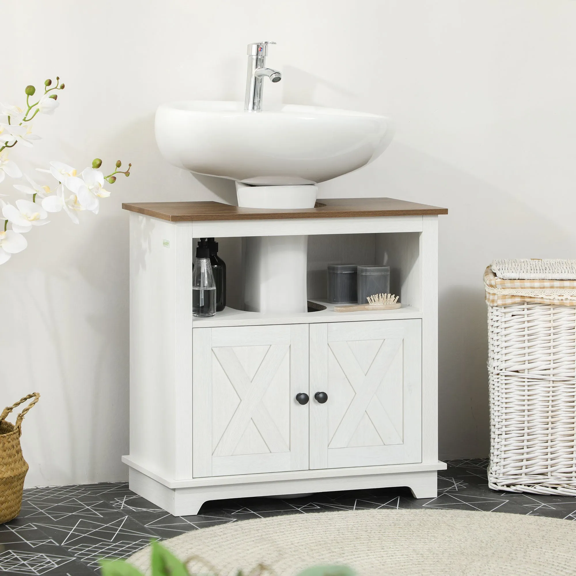 Bathroom Cabinet Under Sink with 2-Door Cabinet and Open Shelf, Chipboard, 60x30x60 cm - Image 2