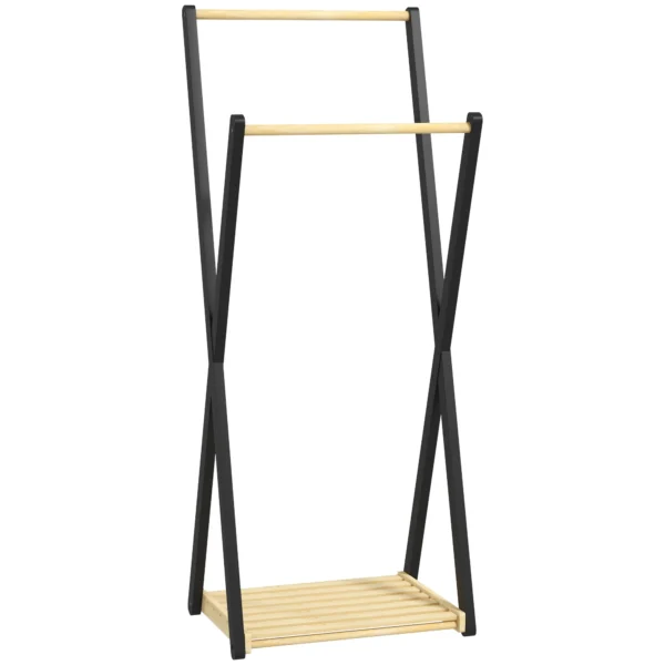 Wooden Coat Rack with 2 Bars and Lower Shelf Modern Design, 61x45x152cm