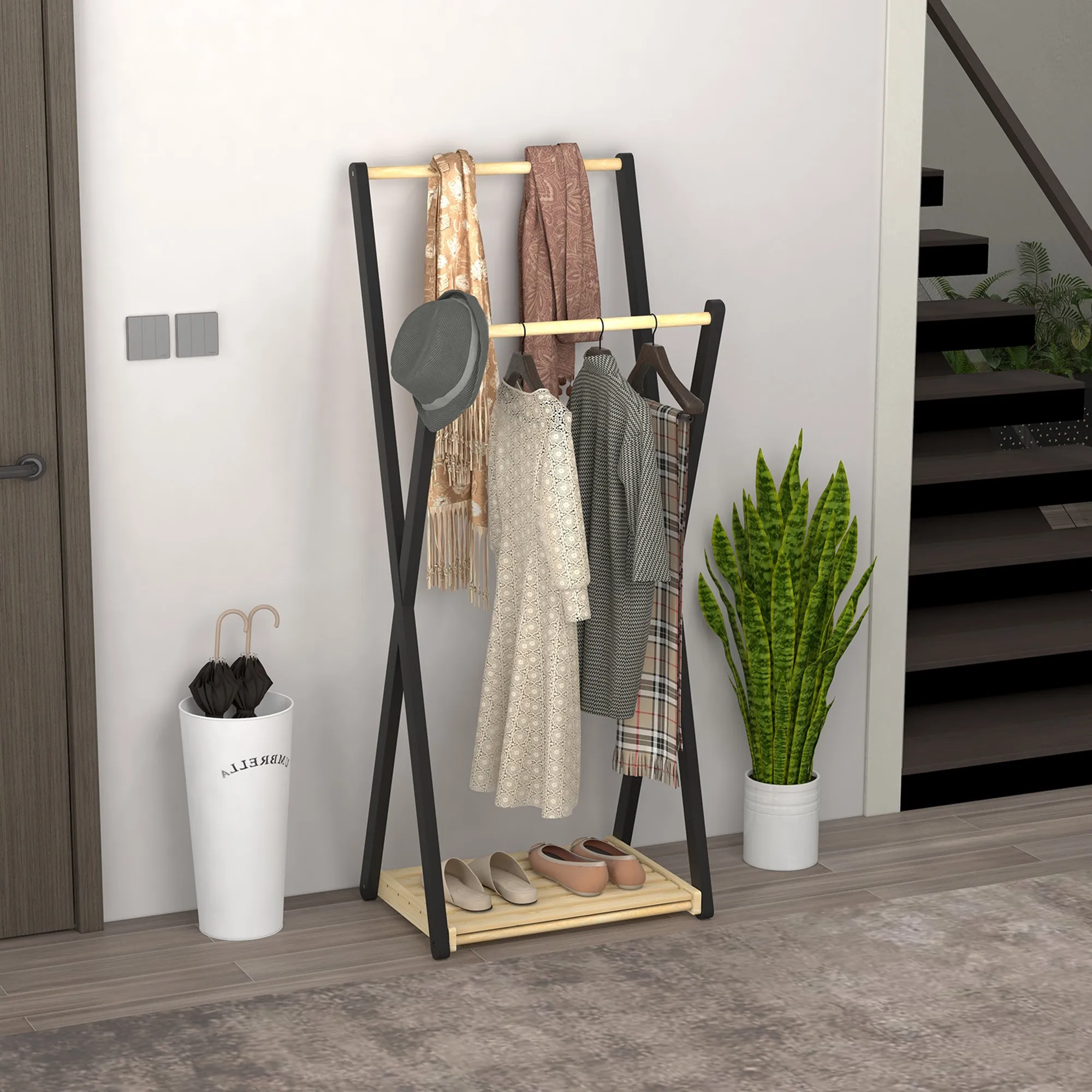 Wooden Coat Rack with 2 Bars and Lower Shelf Modern Design, 61x45x152cm - Image 2