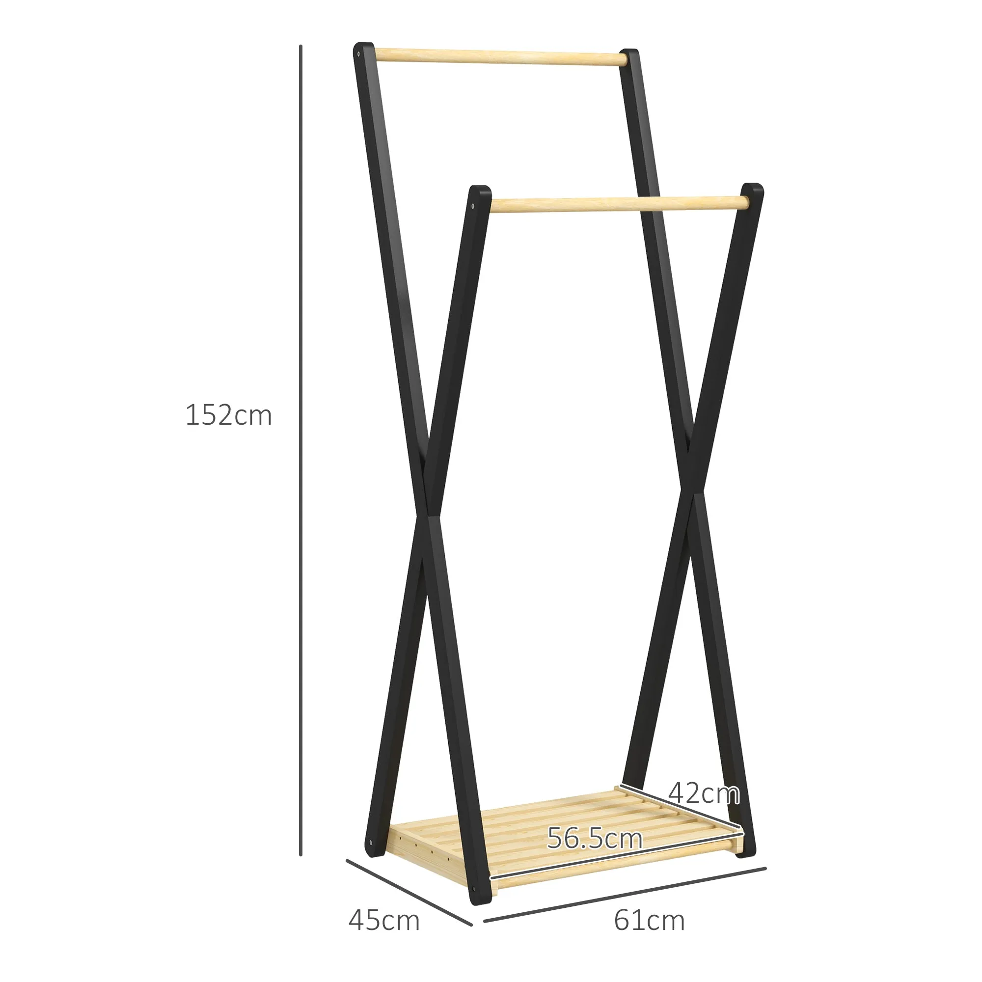 Wooden Coat Rack with 2 Bars and Lower Shelf Modern Design, 61x45x152cm - Image 3