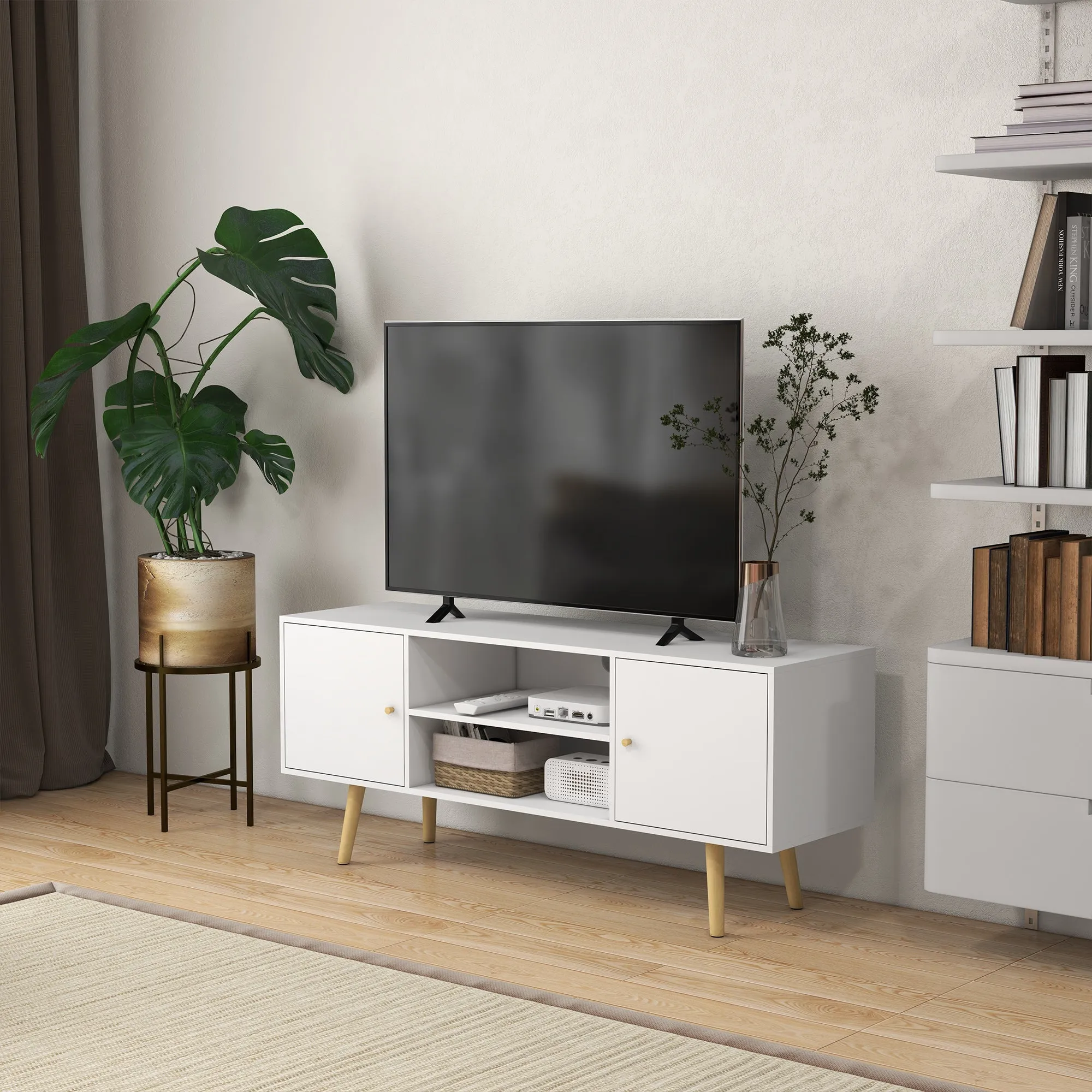 55" max TV Stand with 2 Cabinets and 2 Open Shelves, in Wood and Chipboard, 120x34x50 cm, White - Image 2