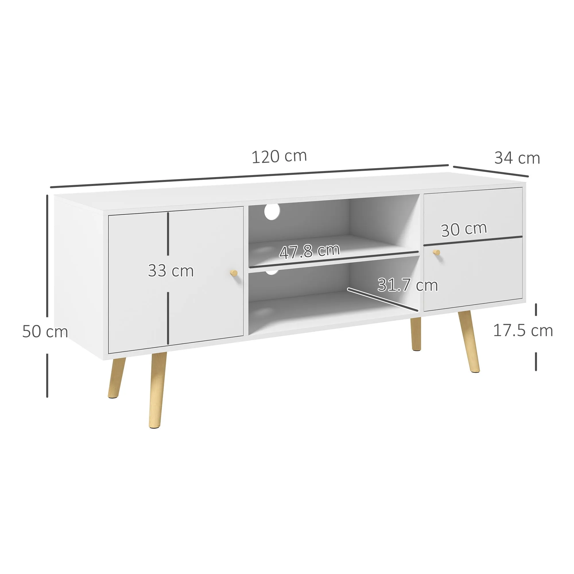 55" max TV Stand with 2 Cabinets and 2 Open Shelves, in Wood and Chipboard, 120x34x50 cm, White - Image 3