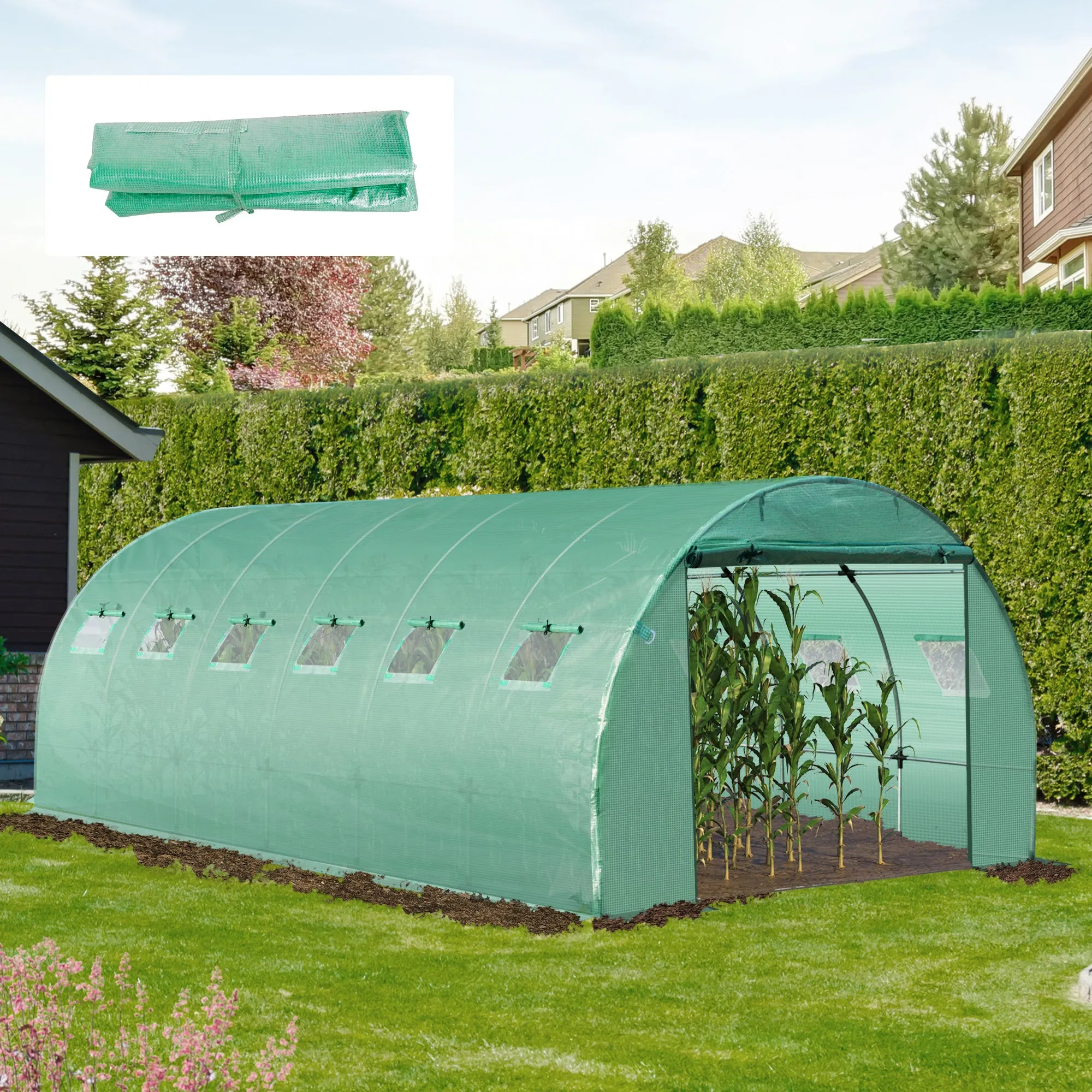 PE Greenhouse Cover with 12 Windows, Roll-Up Door and Buried Edges, 6x3x2 m, Green (COVER ONLY) - Image 3