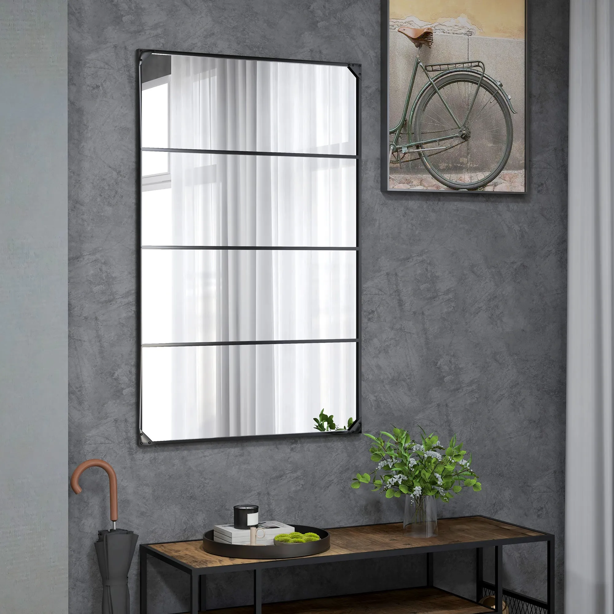 Industrial Style Wall Mirror with 4 Hooks, Multilayer Glass, Metal and MDF, 109x2x69 cm, Black - Image 2