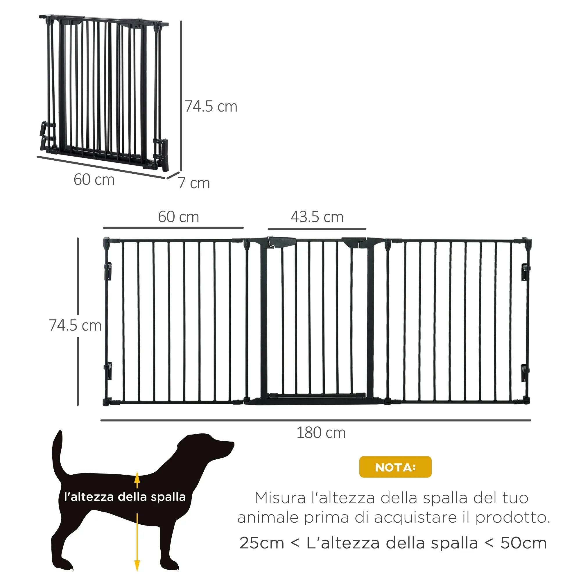 3-Panel Folding Dog Gate for Small and Medium Dogs, 180 x 3 x 74.5 cm, Black - Image 3
