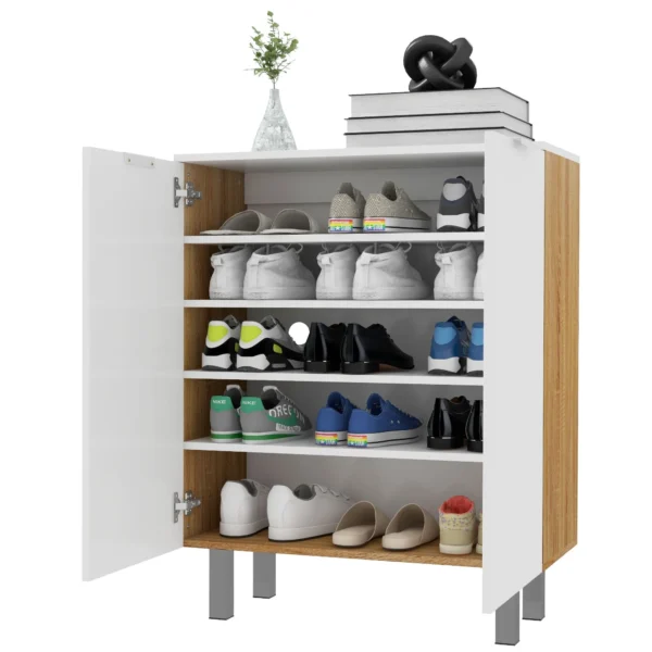 Modern Shoe Rack for 15-20 Pairs of Shoes, 5 Shelves and Soft Closing, Glossy White