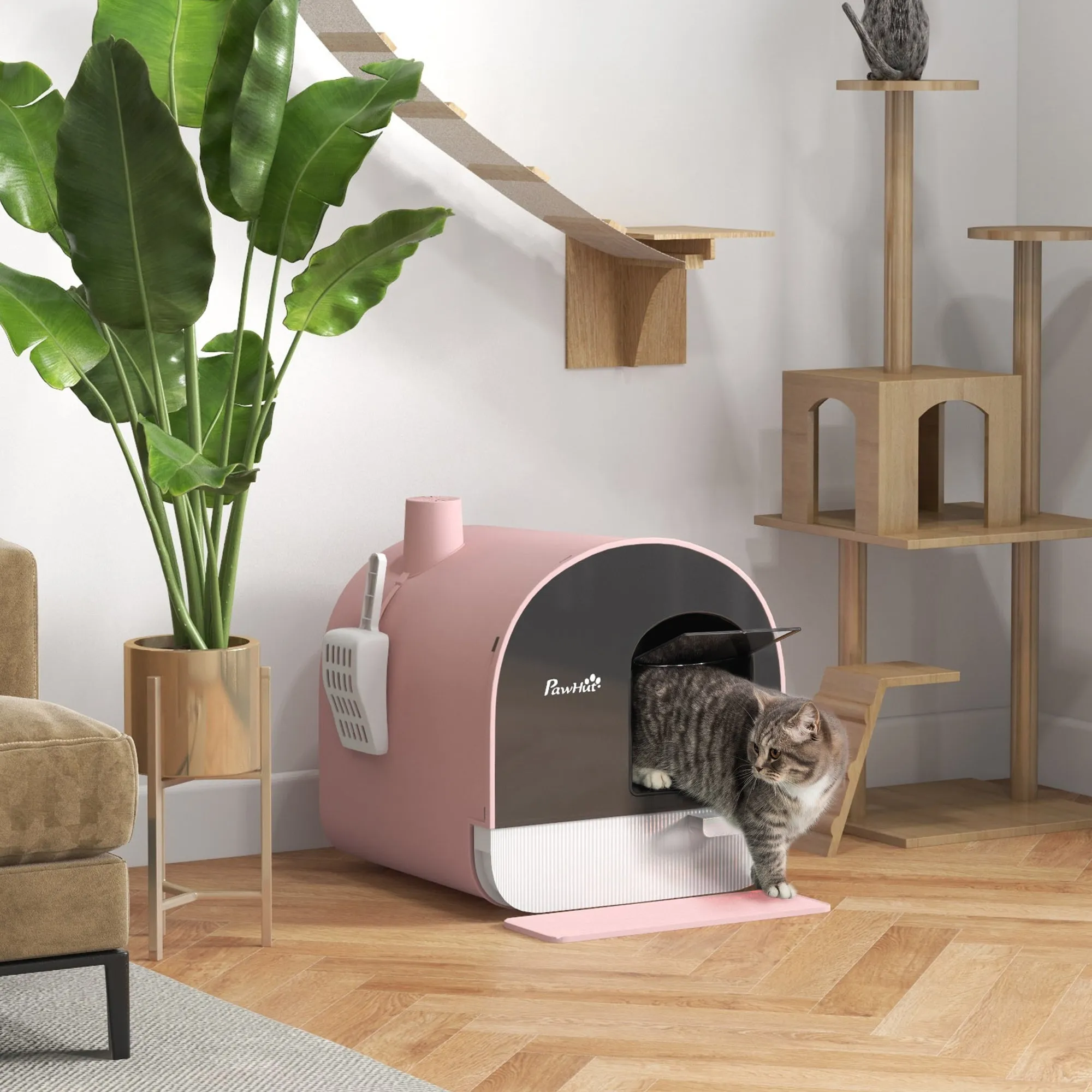 Closed Cat Litter Box with Filters, Scoop and Tray, PP Structure, 43x44x47cm, Pink - Image 2