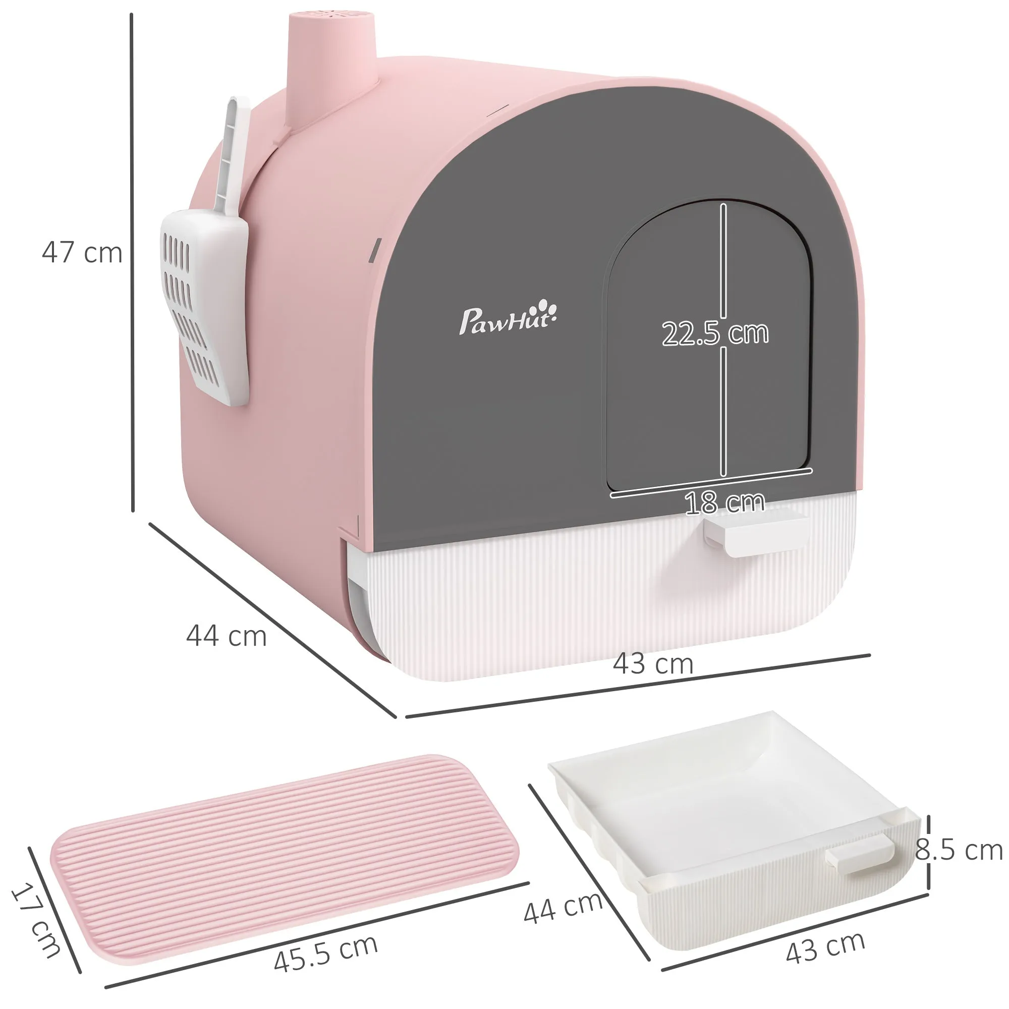 Closed Cat Litter Box with Filters, Scoop and Tray, PP Structure, 43x44x47cm, Pink - Image 3
