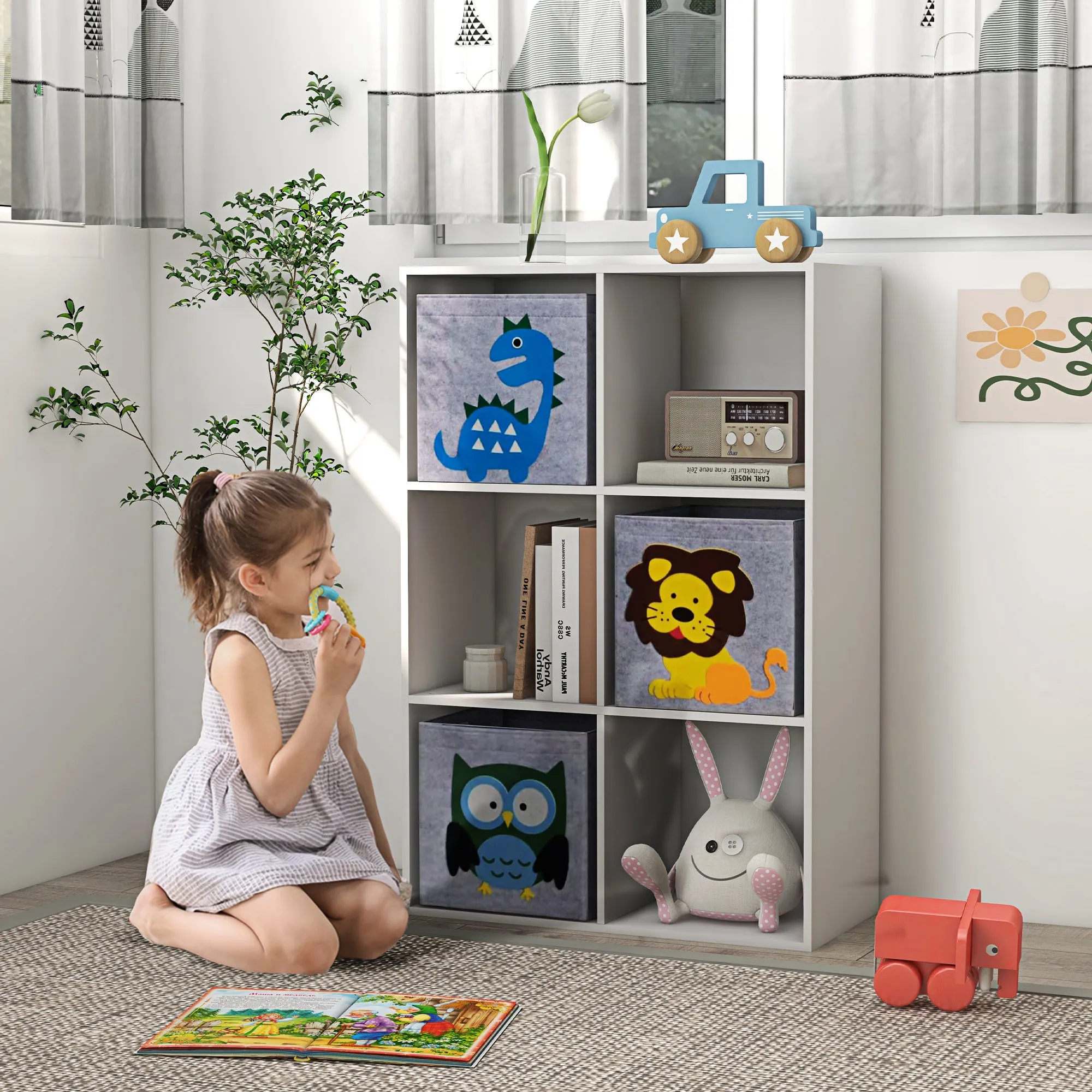 Children's Toy Shelf with 6 cube spaces, MDF and Melamine Construction - 61.8x29.9x91.5 cm, Grey and White - Image 2