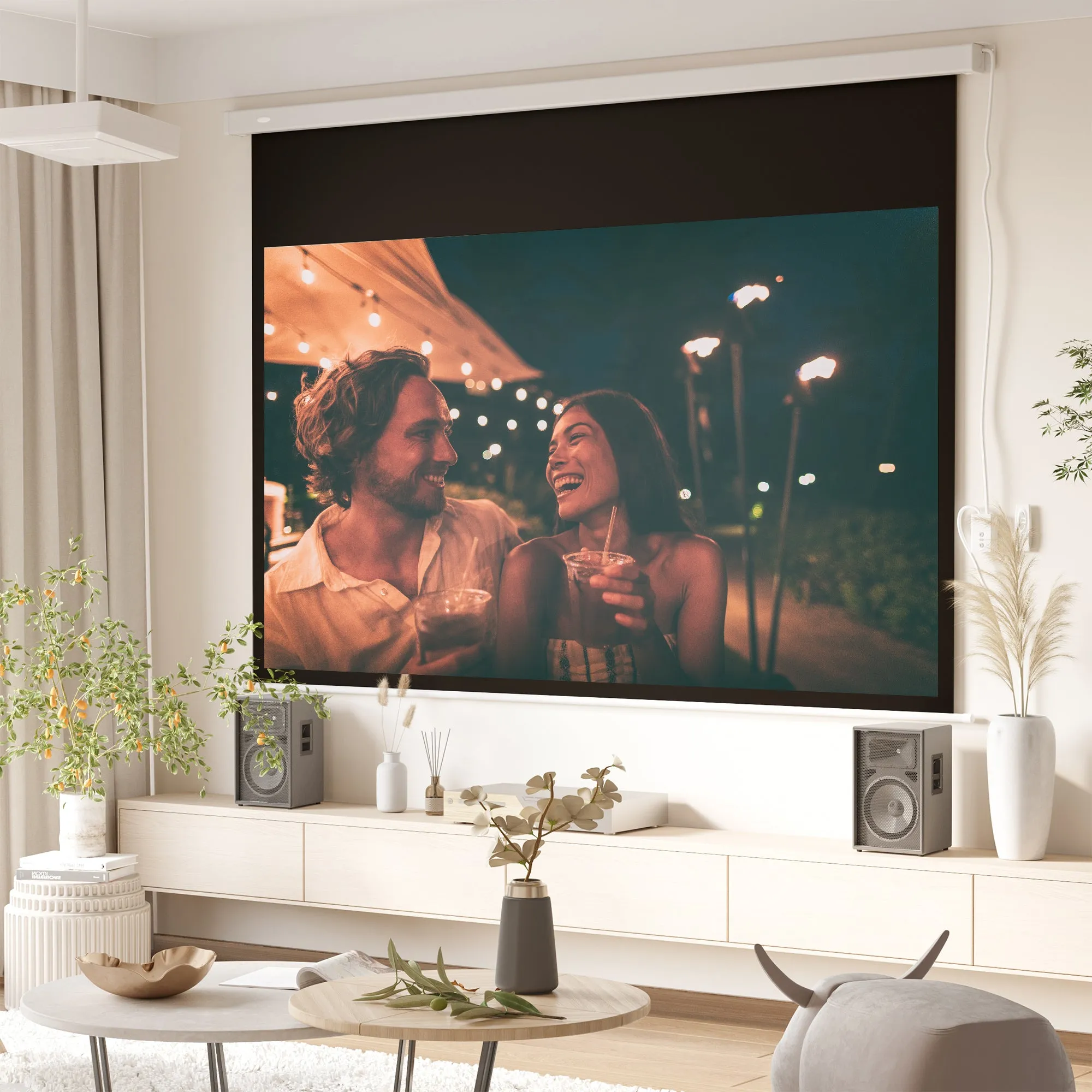 Projector Screen 100'' with Remote Control, PVC and Metal, 247x7.5x168 cm, White - Image 2