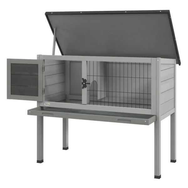 Outdoor Wooden Raised Rabbit Hutch with Opening Roof and Removable Tray, 84x43x70cm, Grey