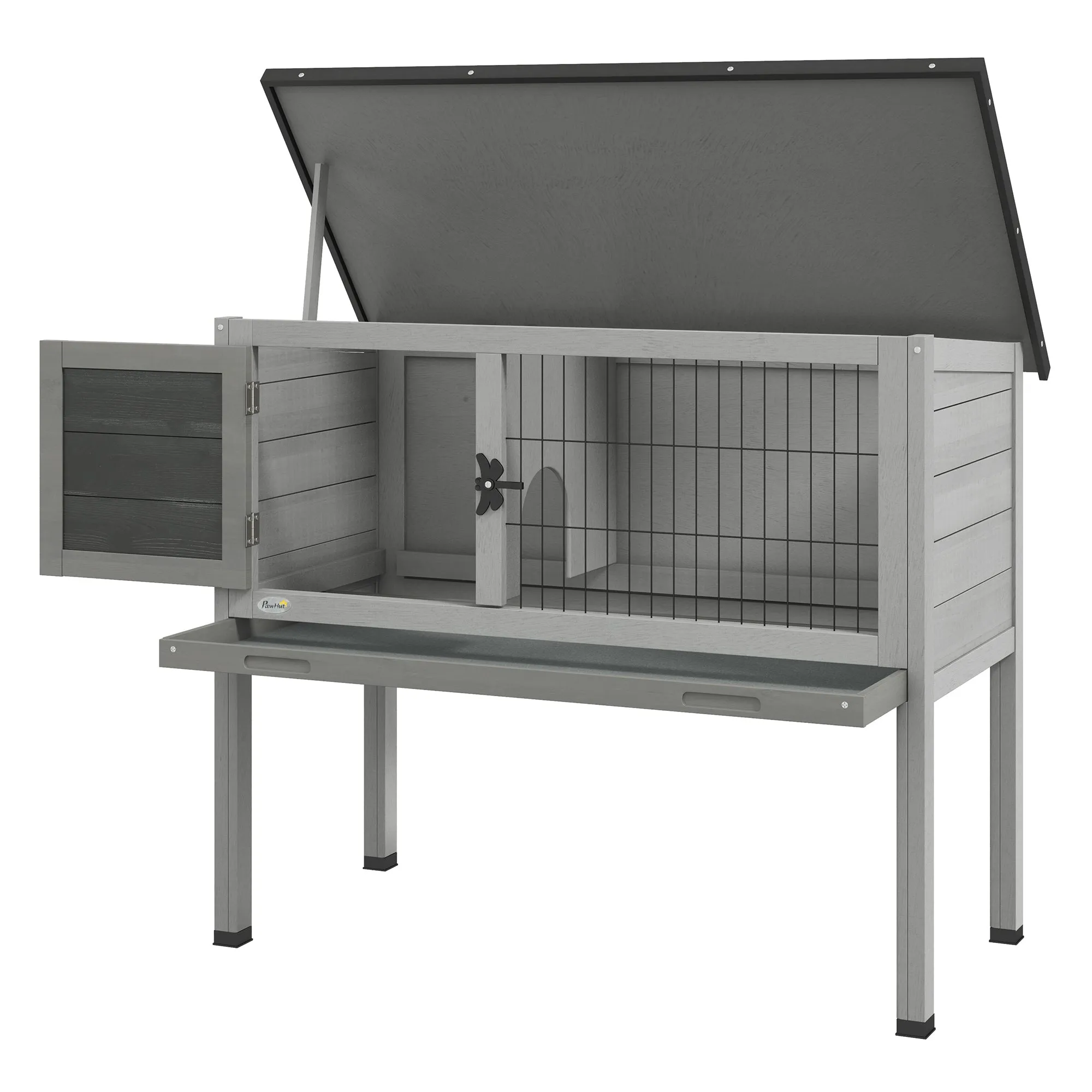 Outdoor Wooden Raised Rabbit Hutch with Opening Roof and Removable Tray, 84x43x70cm, Grey