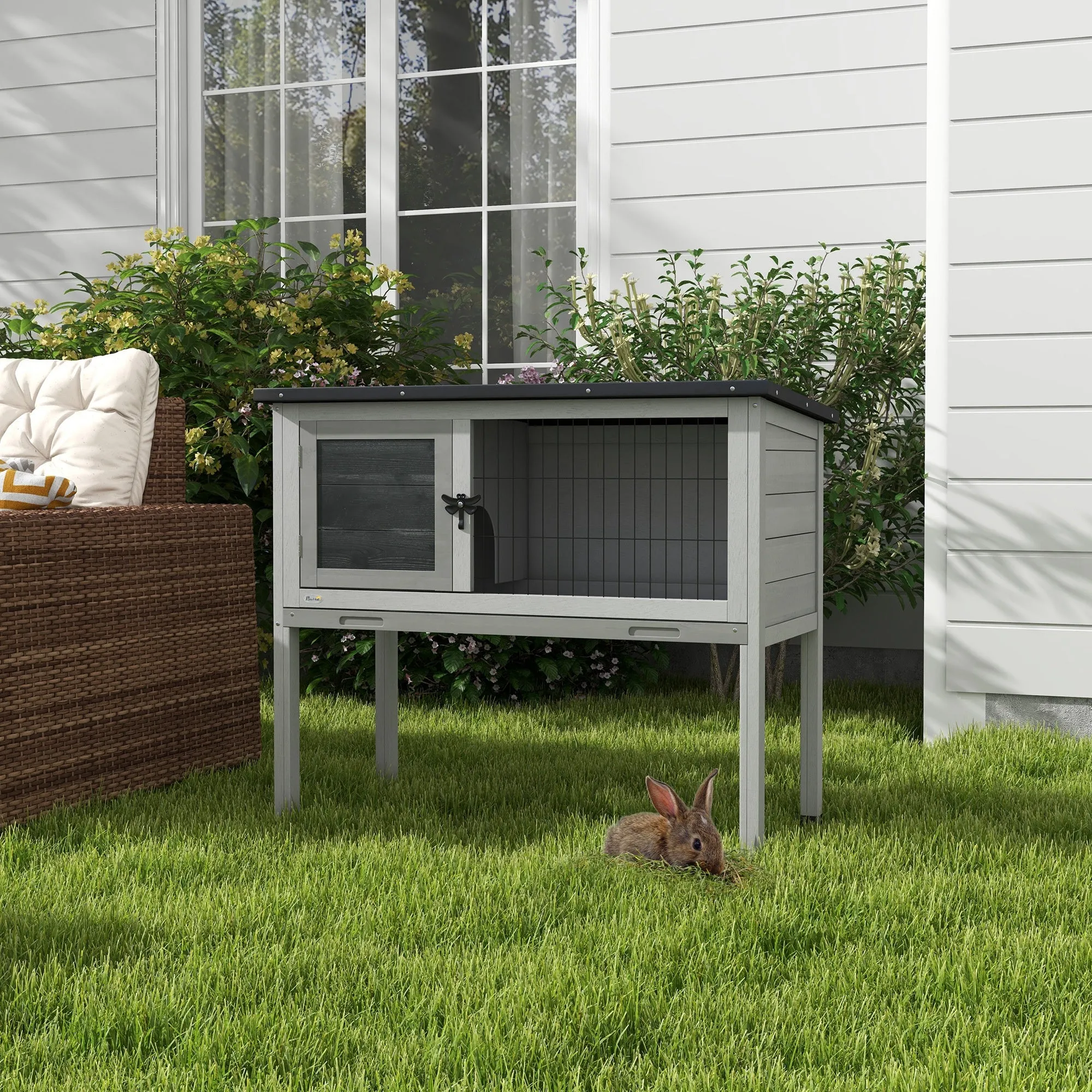 Outdoor Wooden Raised Rabbit Hutch with Opening Roof and Removable Tray, 84x43x70cm, Grey - Image 2