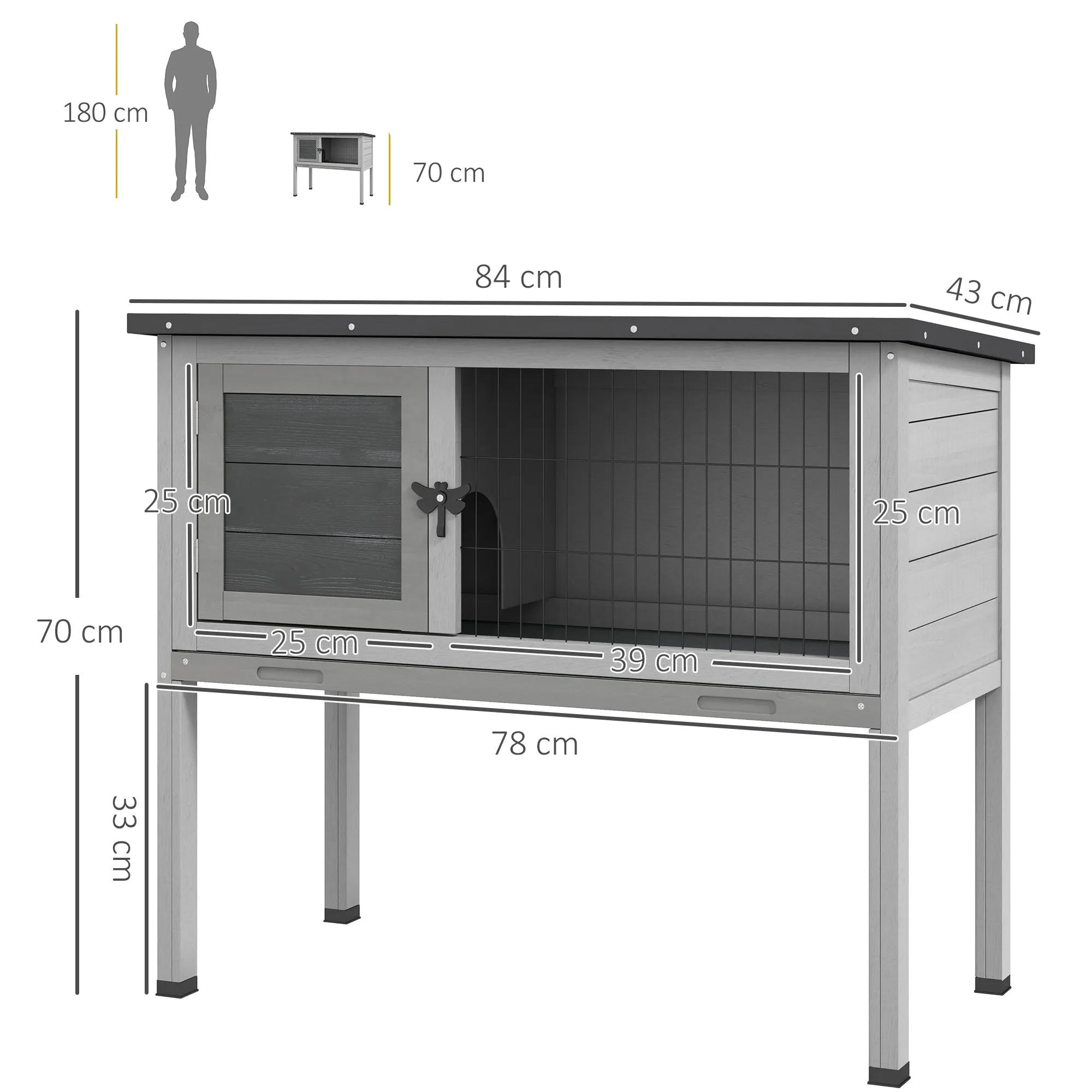 Outdoor Wooden Raised Rabbit Hutch with Opening Roof and Removable Tray, 84x43x70cm, Grey - Image 3