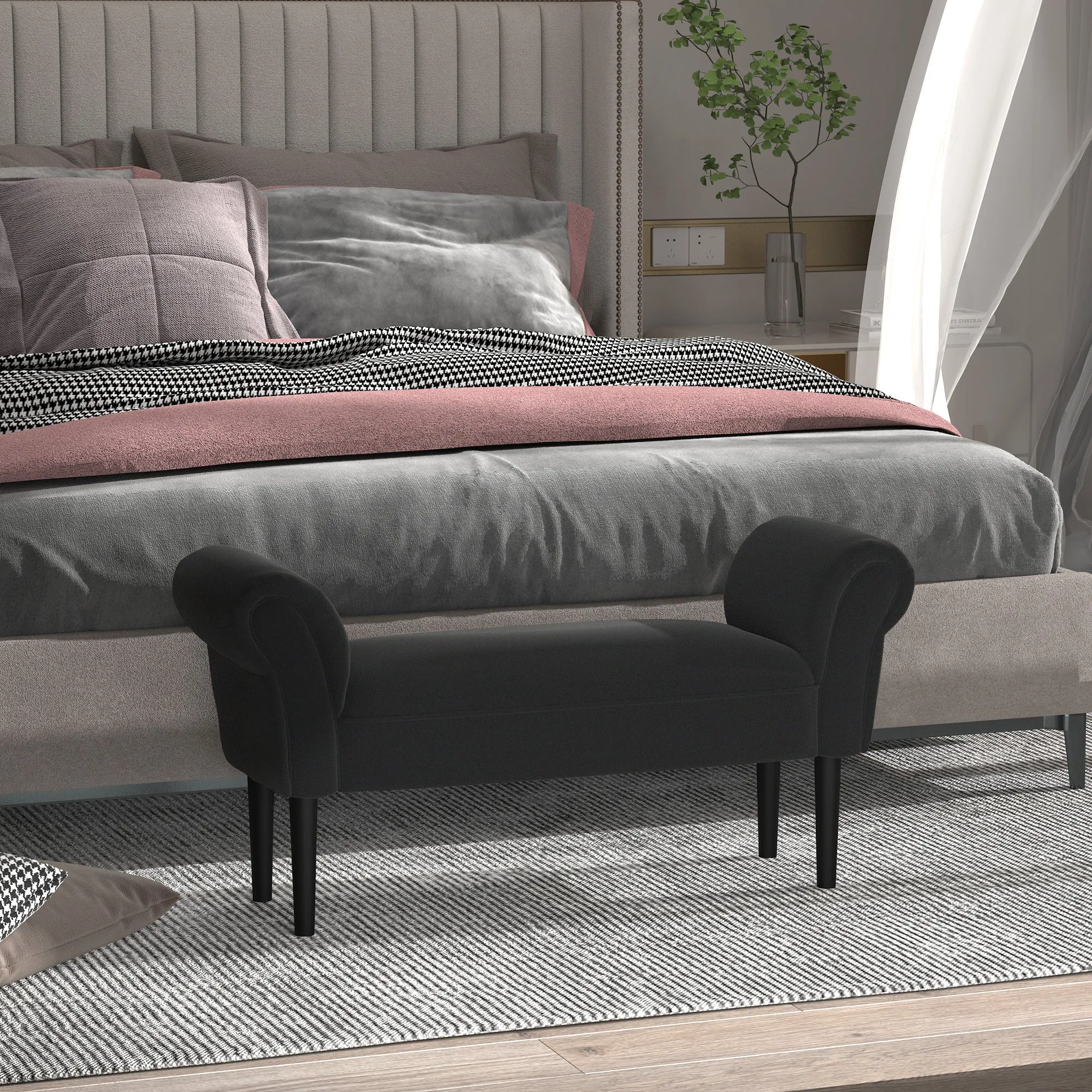 Padded Bed End Bench with Rolled Armrests, 102x35x51cm, Black - Image 3
