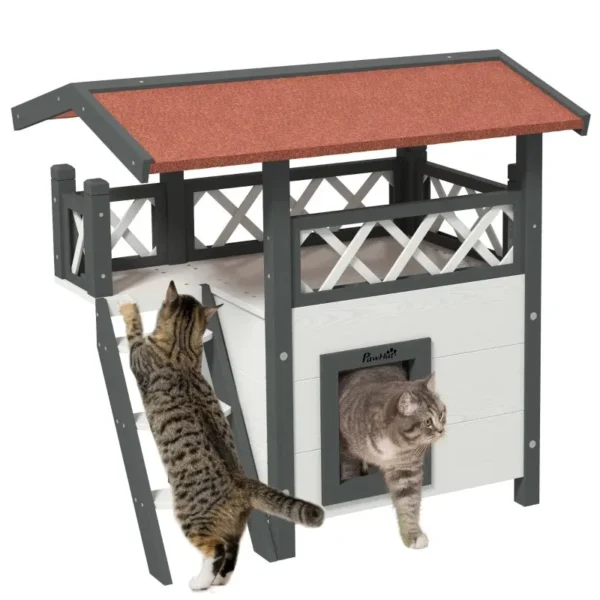 Outdoor Cat House with Terrace and Wooden Ladder, 77x50x73cm, White and Grey