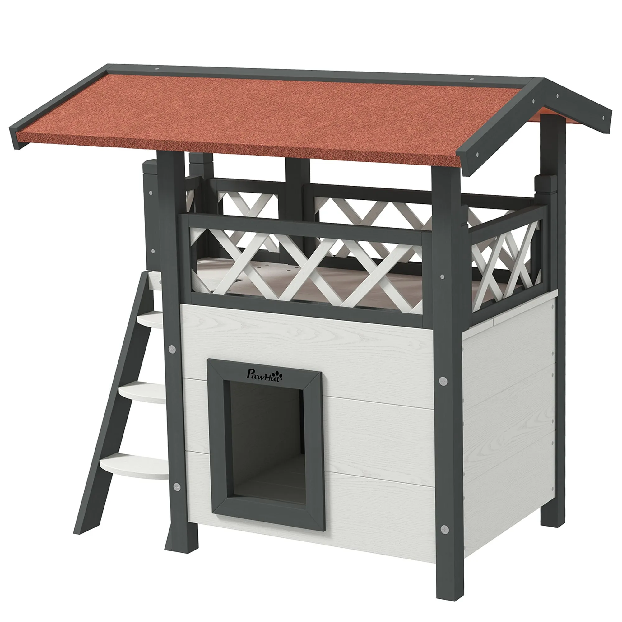Outdoor Cat House with Terrace and Wooden Ladder, 77x50x73cm, White and Grey - Image 2