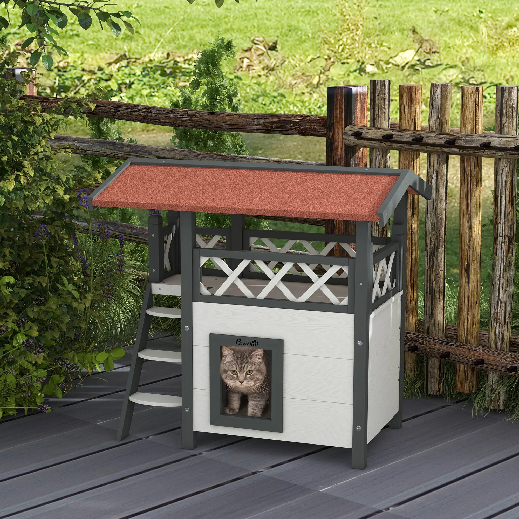 Outdoor Cat House with Terrace and Wooden Ladder, 77x50x73cm, White and Grey - Image 3