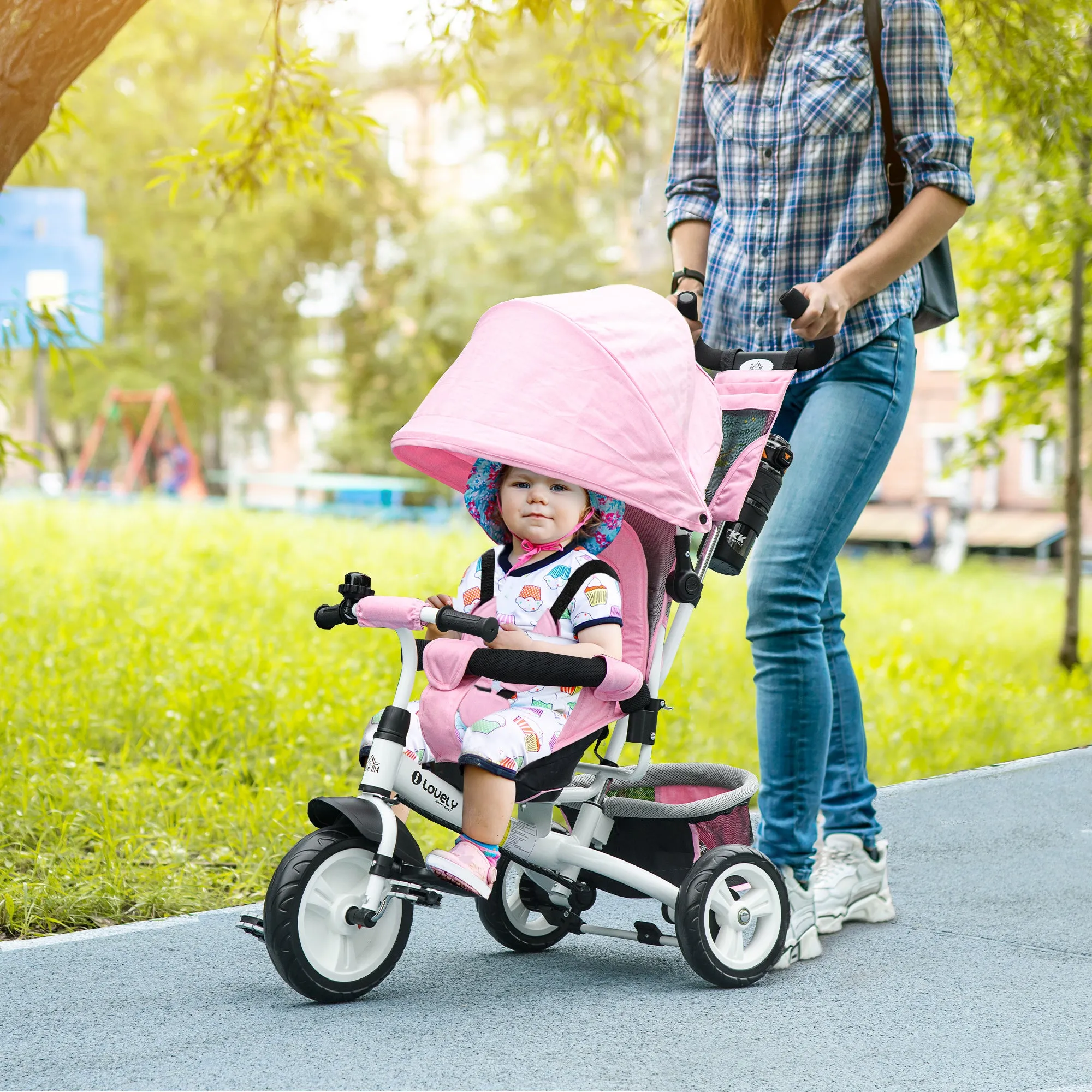 Children's Tricycle 1-5 Years with Handle and Adjustable Canopy, 102x49x102 cm, White and Pink - Image 2