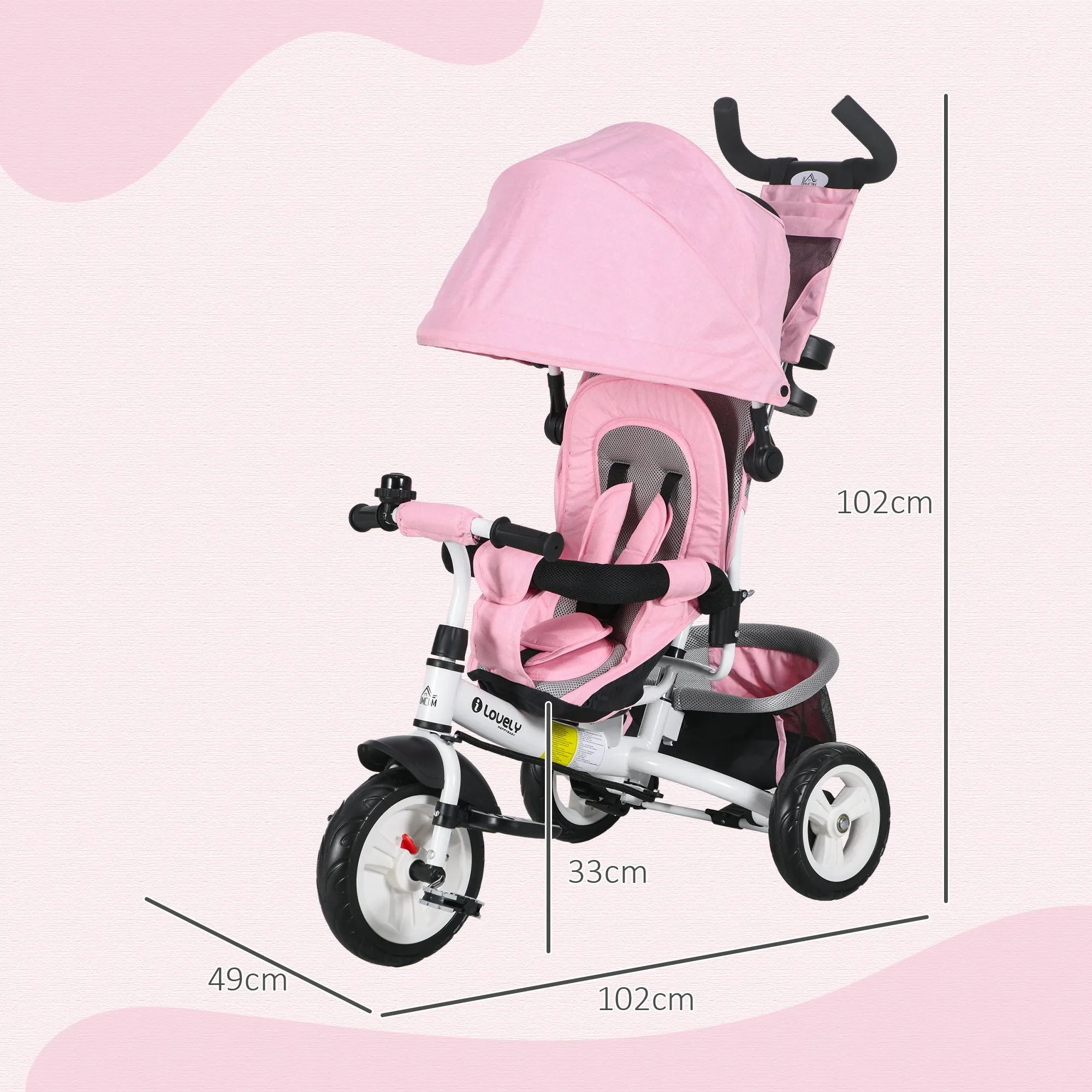 Children's Tricycle 1-5 Years with Handle and Adjustable Canopy, 102x49x102 cm, White and Pink - Image 3