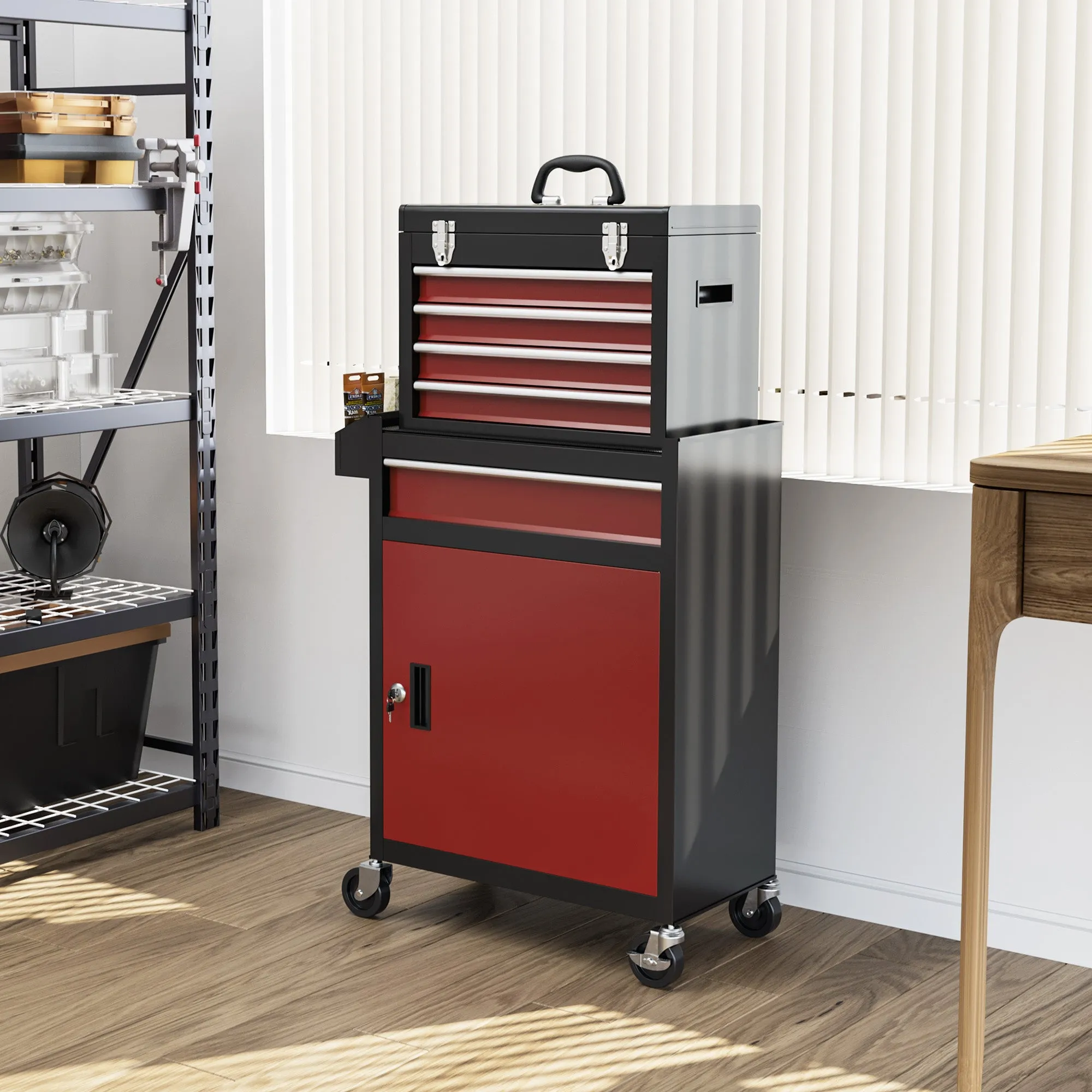 5 Drawer Tool Cart, Removable Box and Steel Lockable Cabinet, Red - Image 2