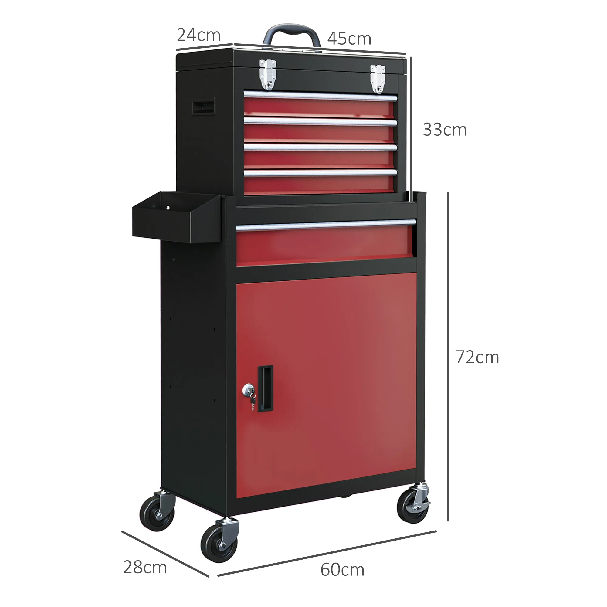 5 Drawer Tool Cart, Removable Box and Steel Lockable Cabinet, Red - Image 3