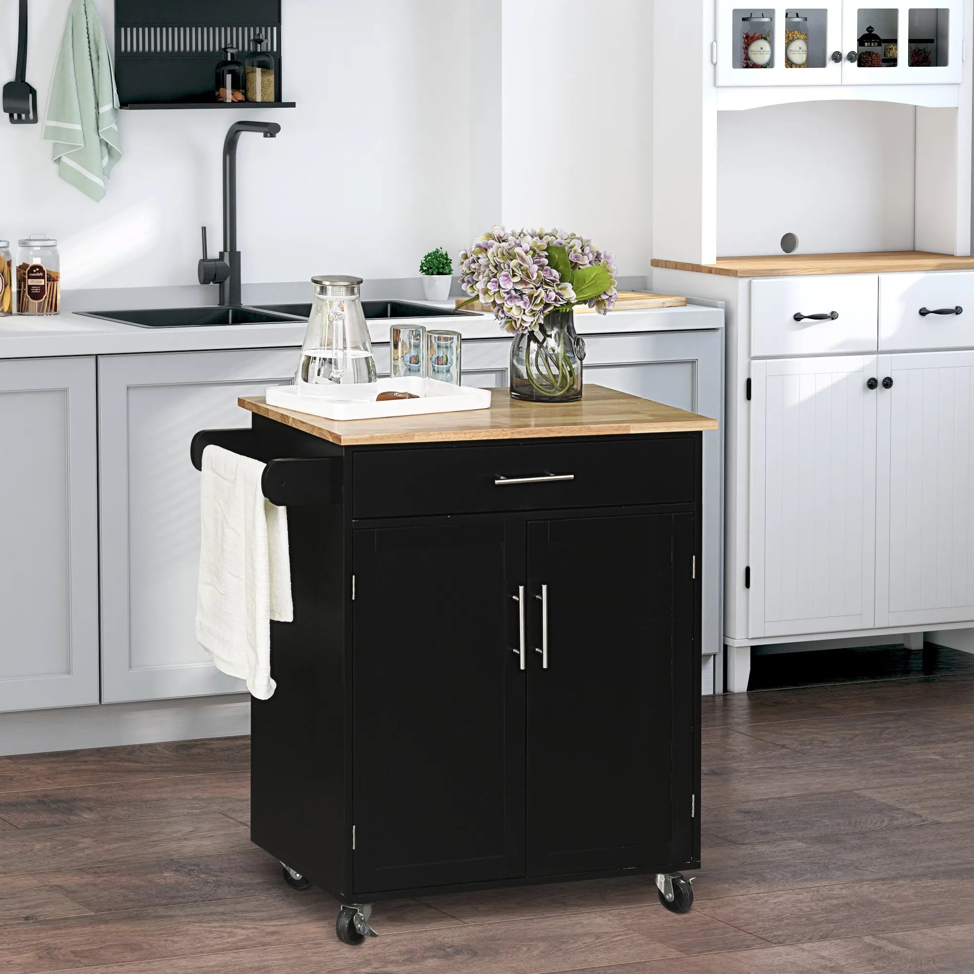 Kitchen Trolley with Drawer and Cabinet 2 Doors, Wheels and Side Bar, 83x45x91.5cm, Black - Image 2