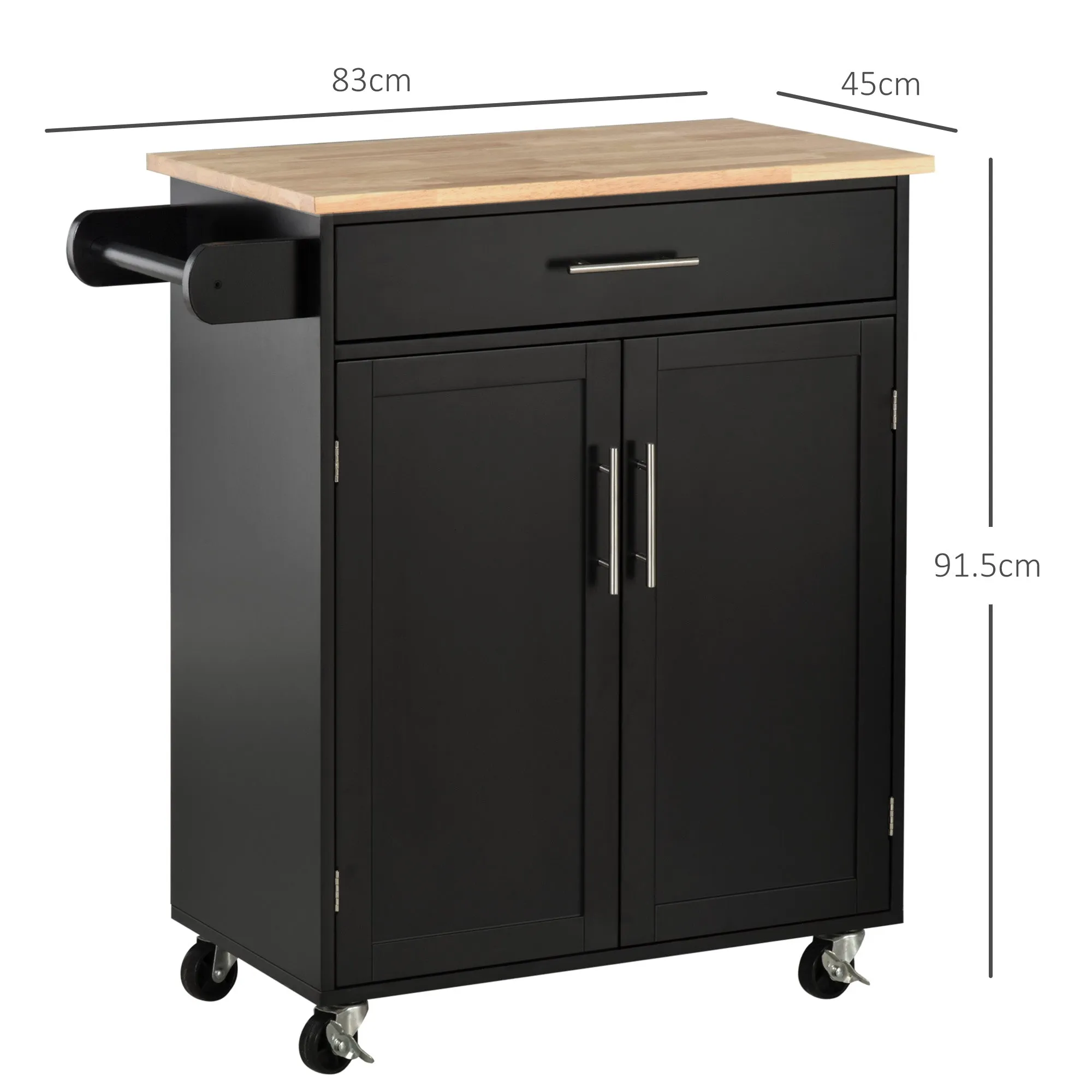 Kitchen Trolley with Drawer and Cabinet 2 Doors, Wheels and Side Bar, 83x45x91.5cm, Black - Image 3