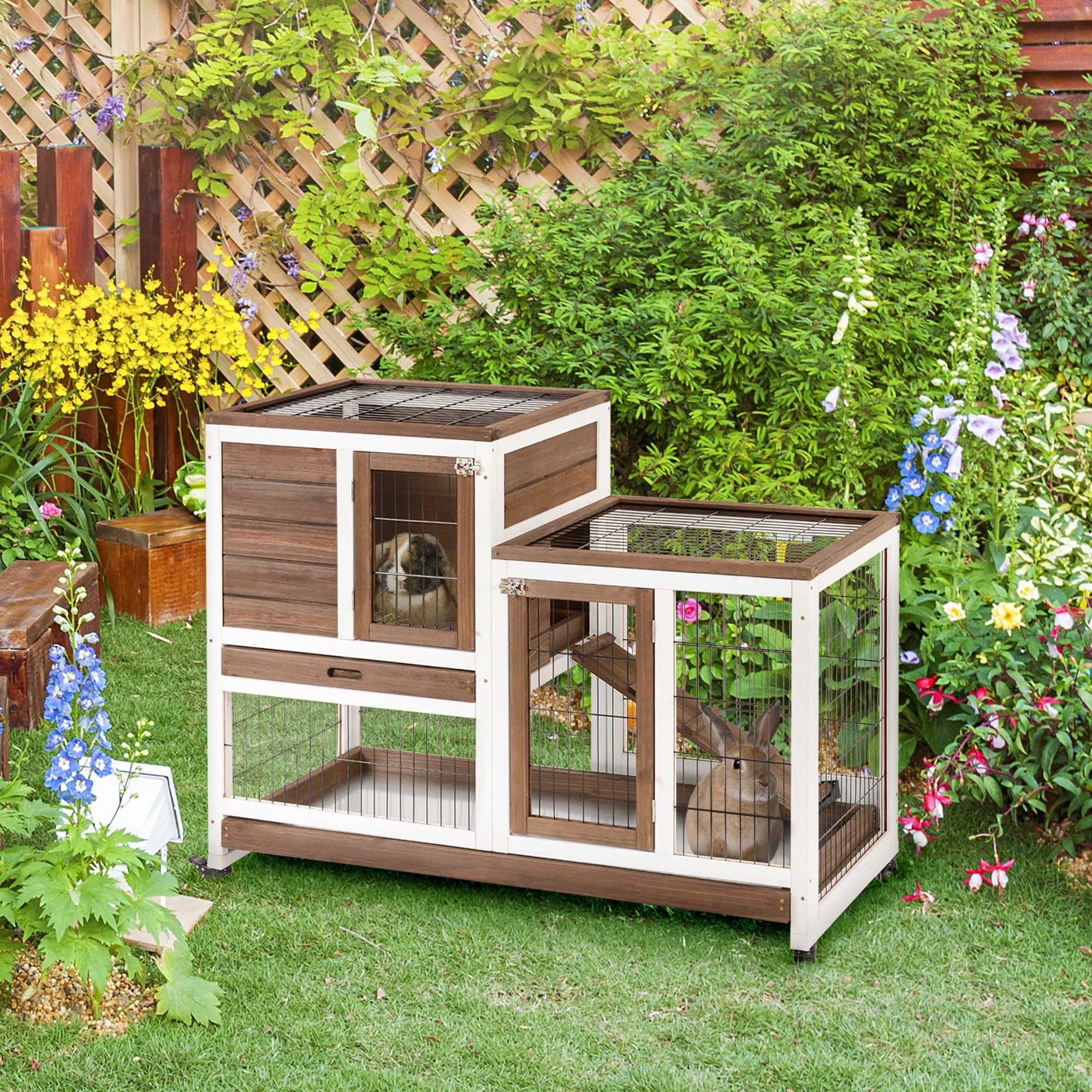 Wooden Rabbit Hutch with Wheels, Removable Trays and House, 110x50x86cm, Brown and White - Image 2