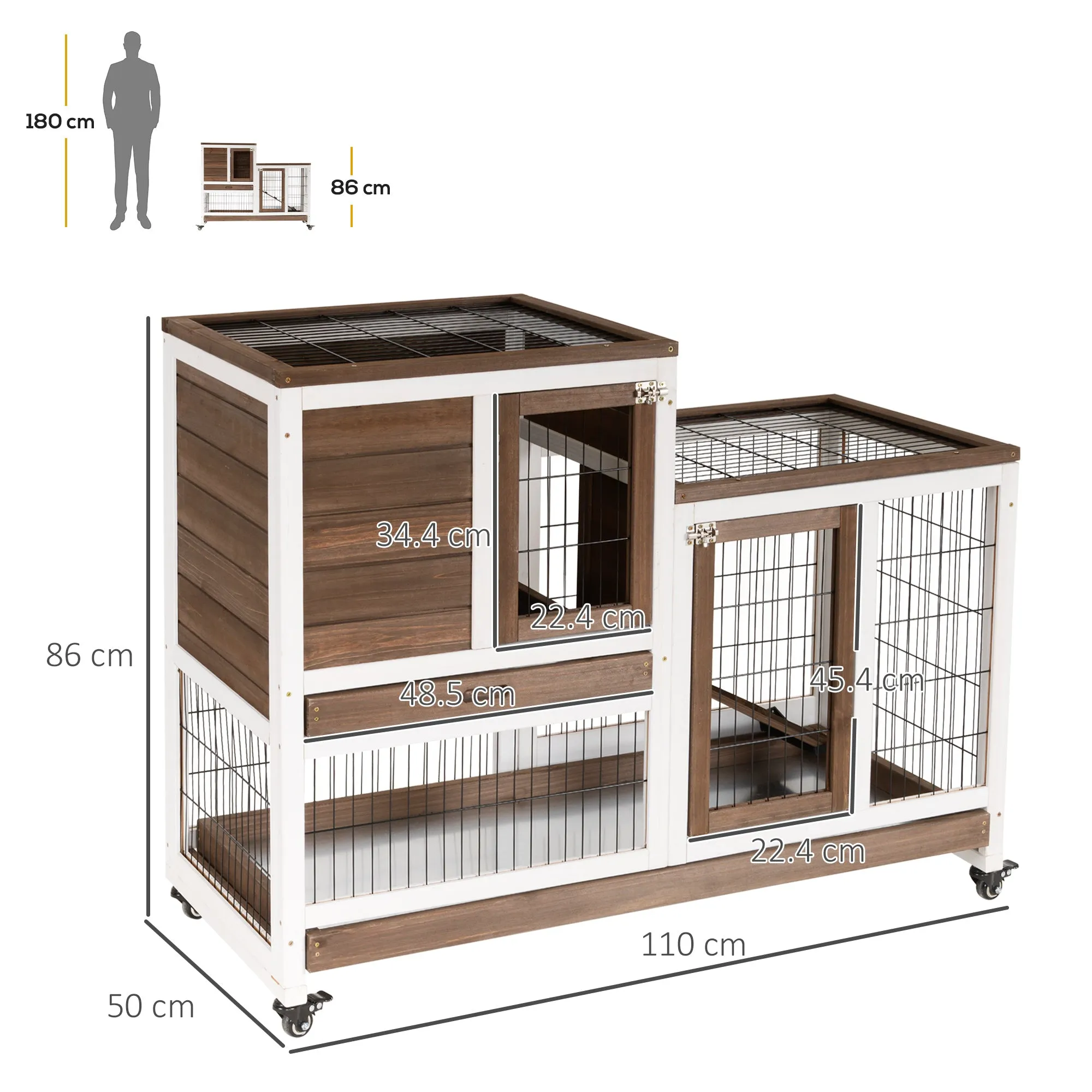 Wooden Rabbit Hutch with Wheels, Removable Trays and House, 110x50x86cm, Brown and White - Image 3