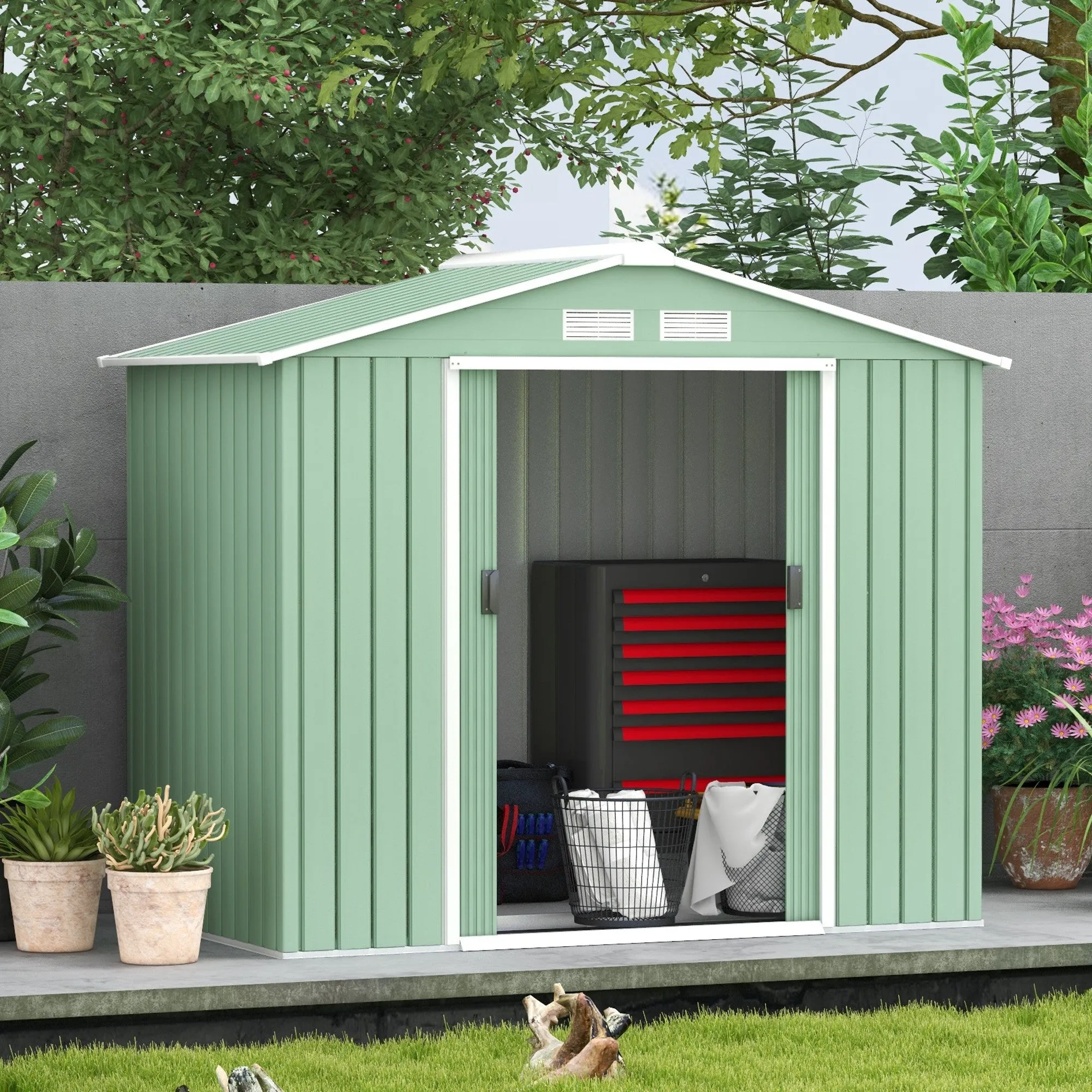 Steel Sheet Garden Shed with Sliding Doors, 213x130x185cm, Light Green - Image 2
