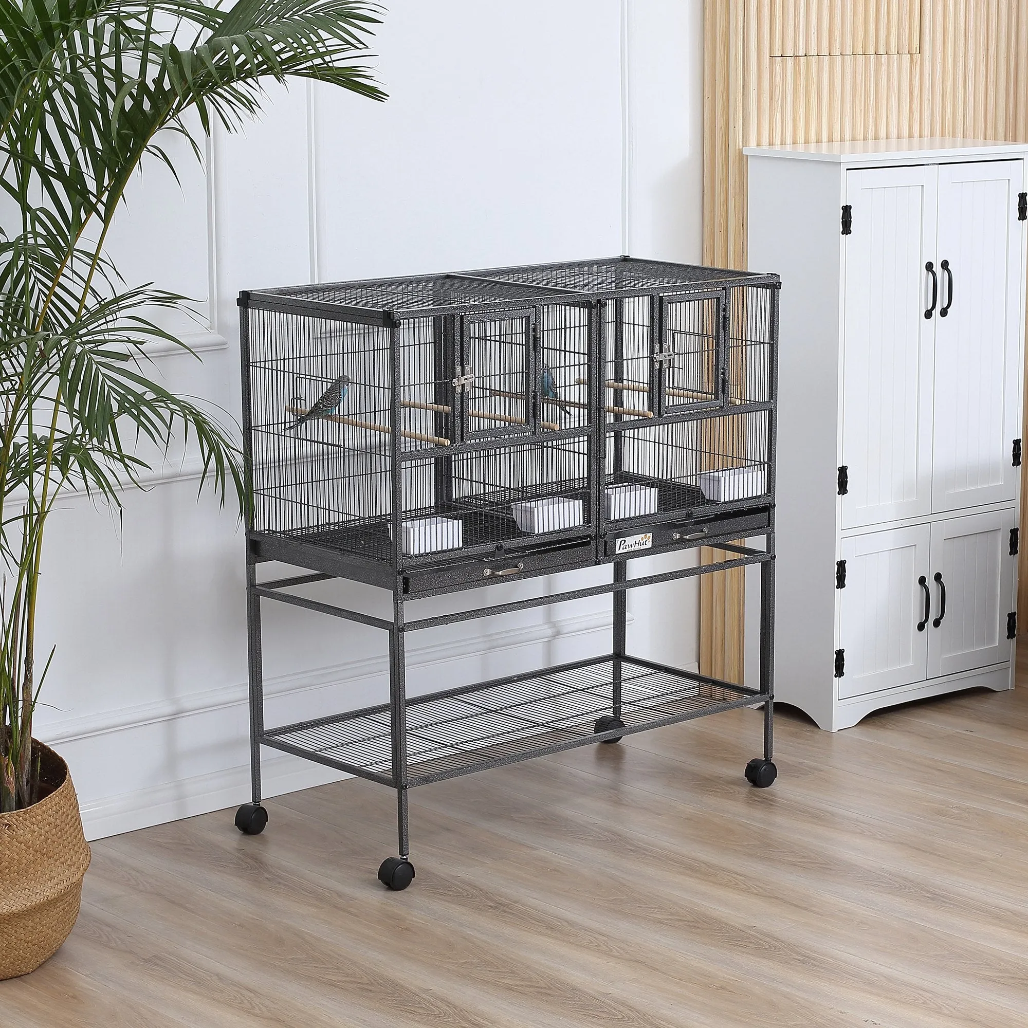 Premium Metal Double Bird Cage with Removable Trays, Stable Stand with 4 Wheels and Shelf, 95x45.5x102cm, Black Grey - Image 2