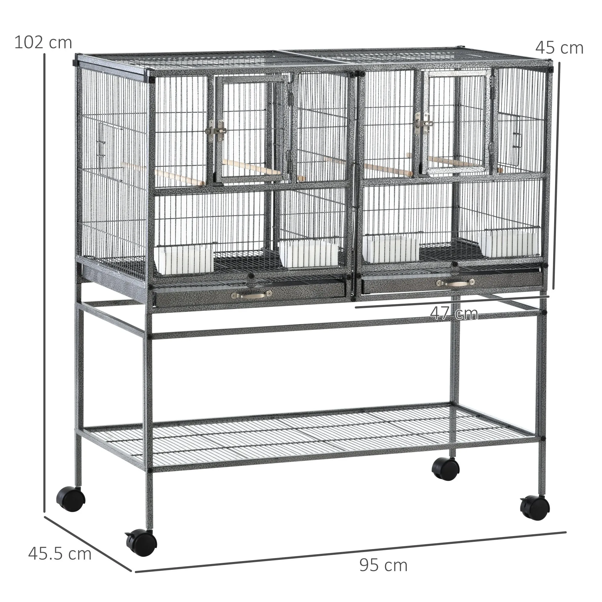 Premium Metal Double Bird Cage with Removable Trays, Stable Stand with 4 Wheels and Shelf, 95x45.5x102cm, Black Grey - Image 3