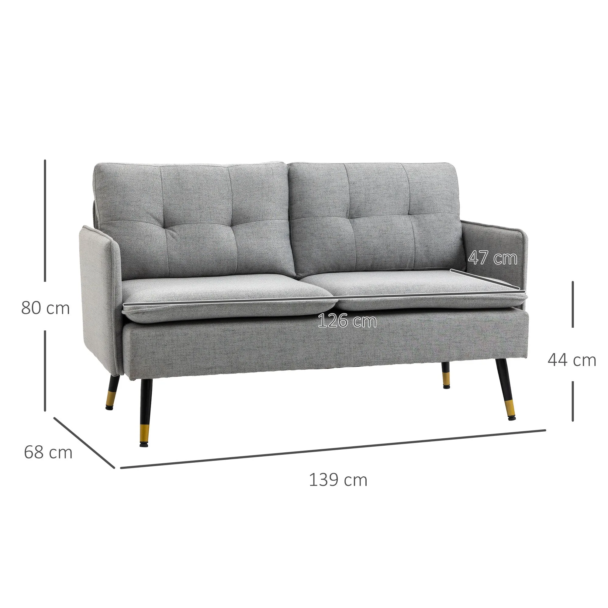 2 Seater Fabric Sofa with Padded Cushions and Steel Legs 139x68x80cm, Grey - Image 2