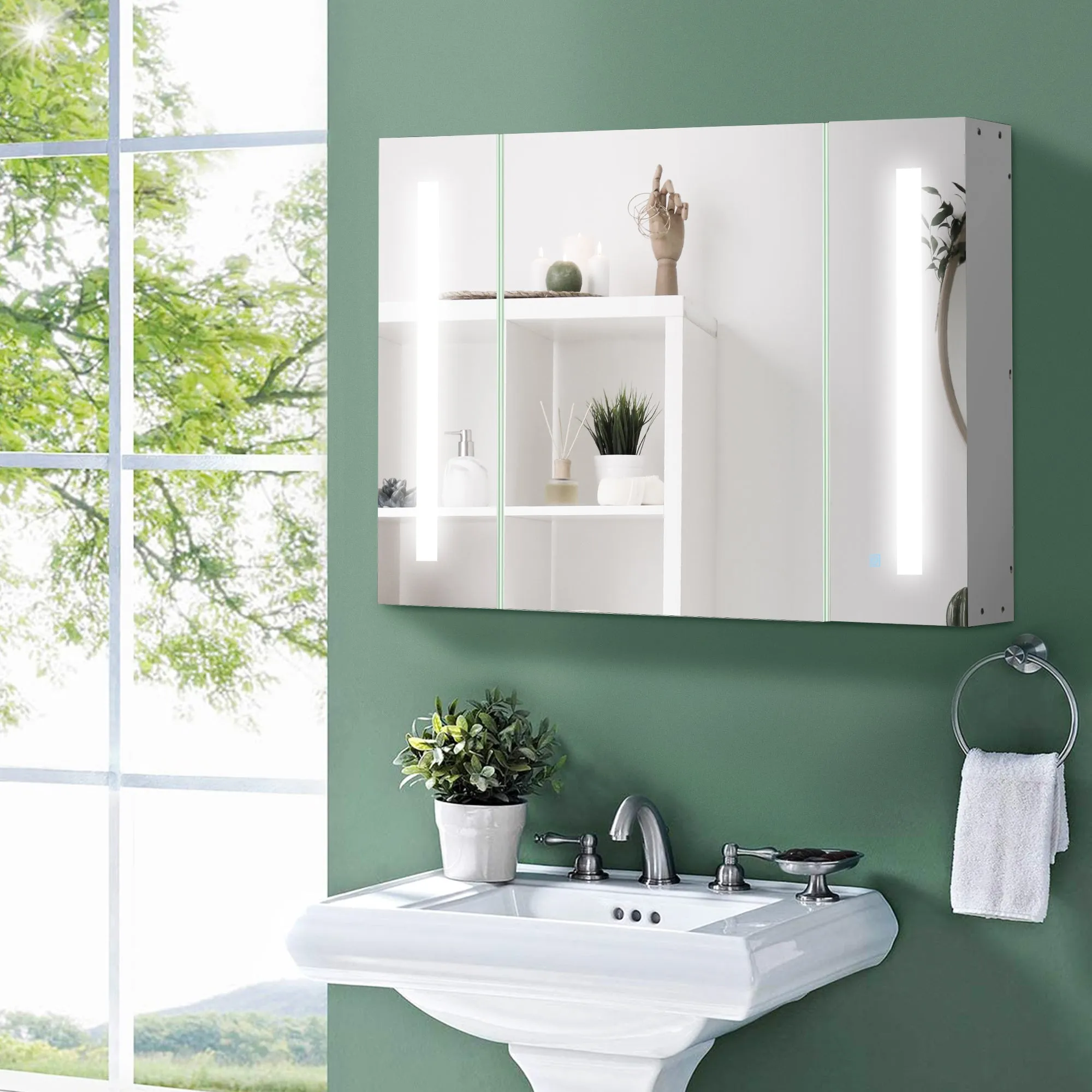 Bathroom Mirror Cabinet with 3 Cabinets, 3 Shelves and LED Light, 90x15x65 cm, White - Image 2